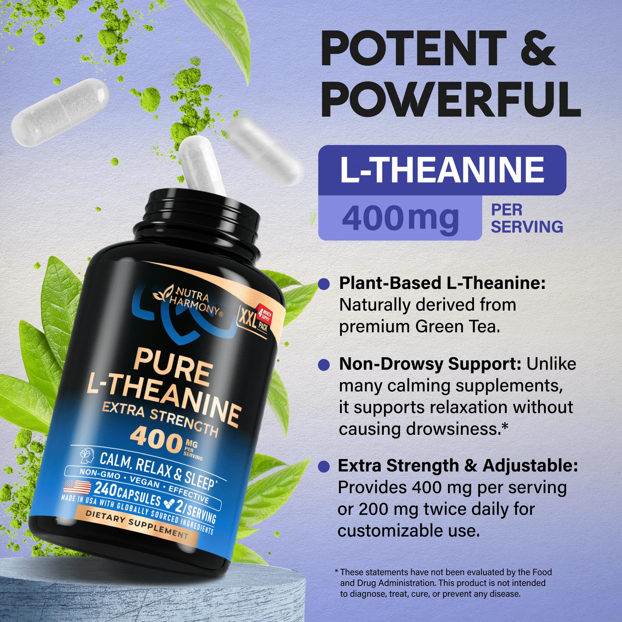 Foto 4 pulgar | Suplemento Nutraharmony L-teanina 400 Mg Para Aliviar El Estrés 240 Cápsulas - Venta Internacional.