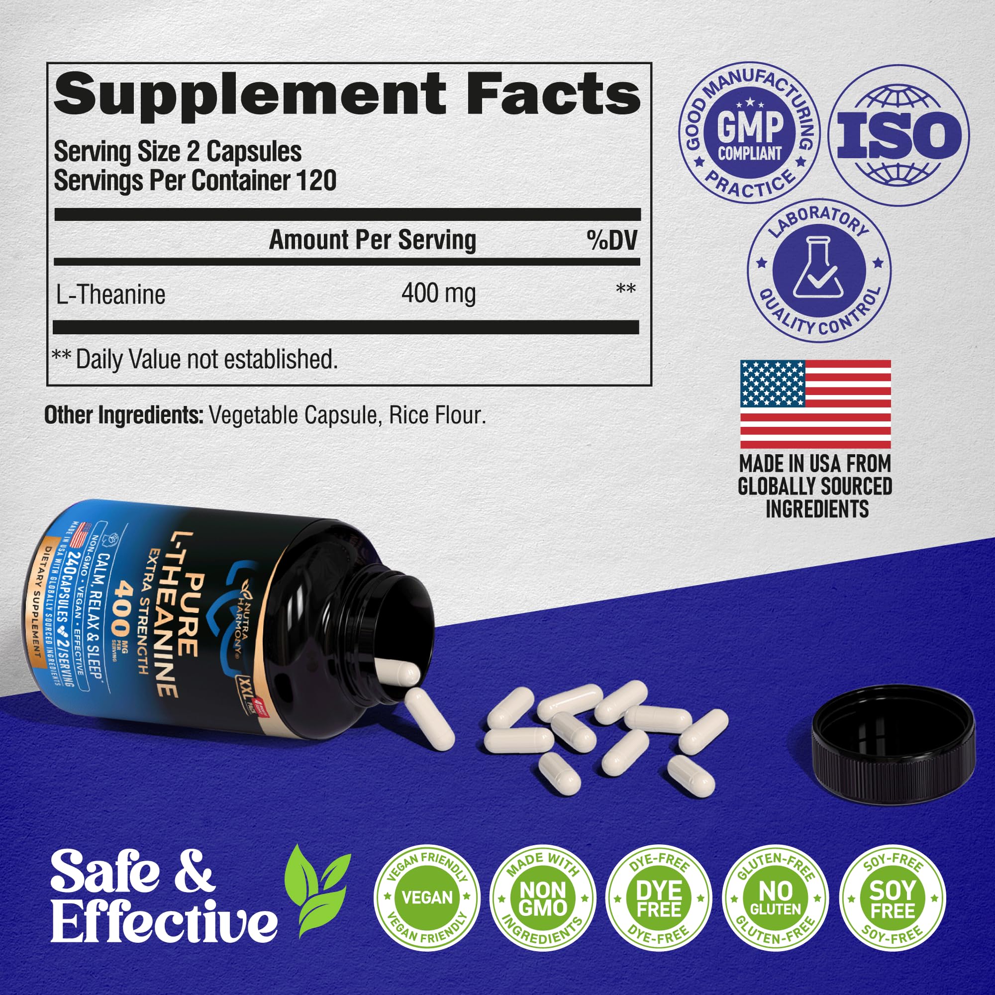 Foto 7 pulgar | Suplemento Nutraharmony L-teanina 400 Mg Para Aliviar El Estrés 240 Cápsulas - Venta Internacional.