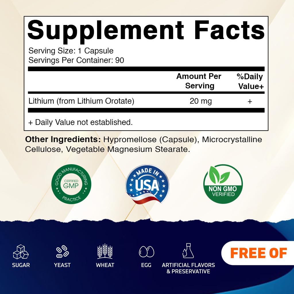 Foto 3 pulgar | Suplemento Vitamático De Orotato De Litio 20 Mg 90 Cápsulas - Venta Internacional.