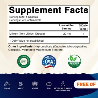 Foto 2 | Suplemento Vitamático De Orotato De Litio 20 Mg 90 Cápsulas - Venta Internacional.