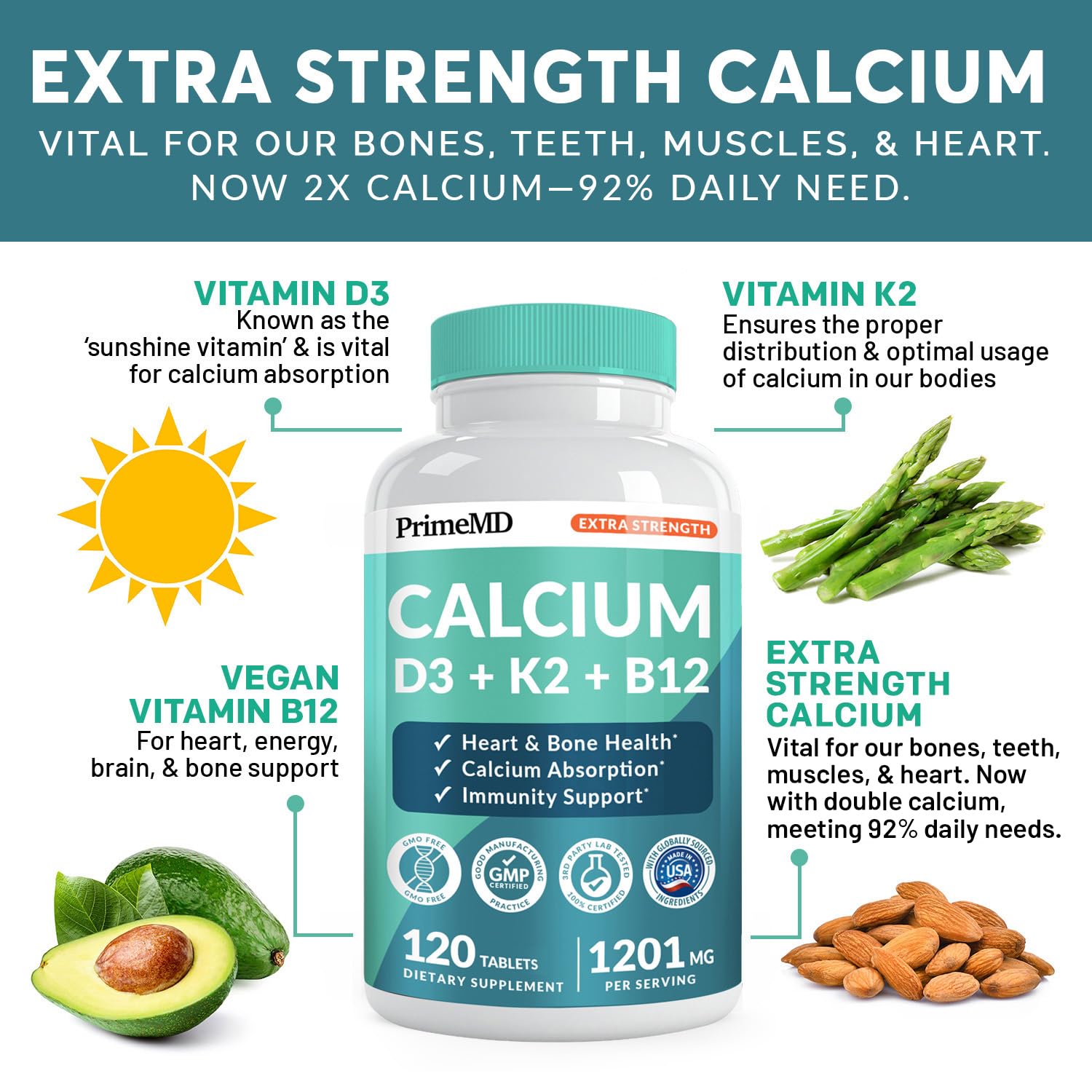 Foto 3 pulgar | Suplemento Calcio Primemd 4 en 1 1200 Mg con Vitamina D3 K2 B12 - Venta Internacional