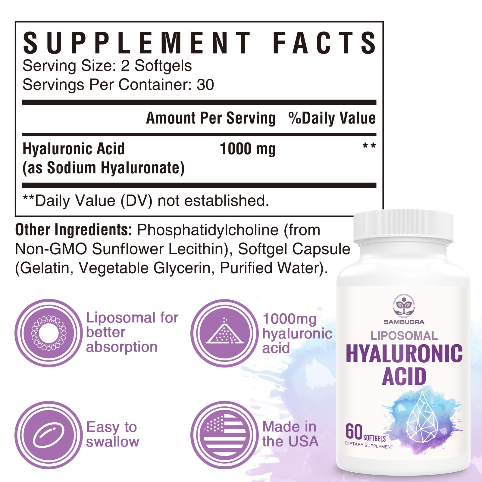 Foto 6 pulgar | Suplemento Ácido Hialurónico Liposomal Sambugra 1000 Mg 60 Cápsulas - Venta Internacional