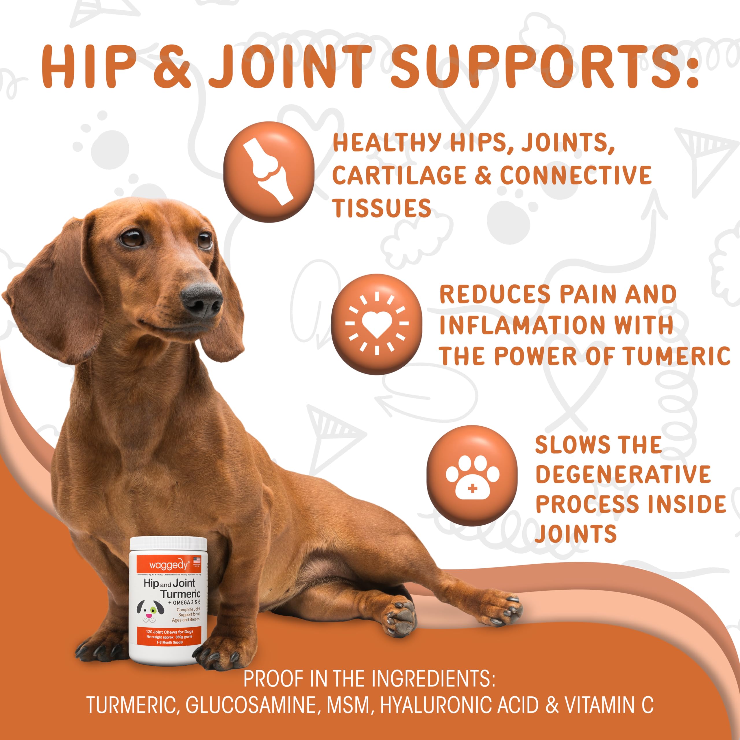 Foto 4 pulgar | Suplemento Para Perros Waggedy Hip And Joint Con Cúrcuma, 120 Masticables - Venta Internacional.