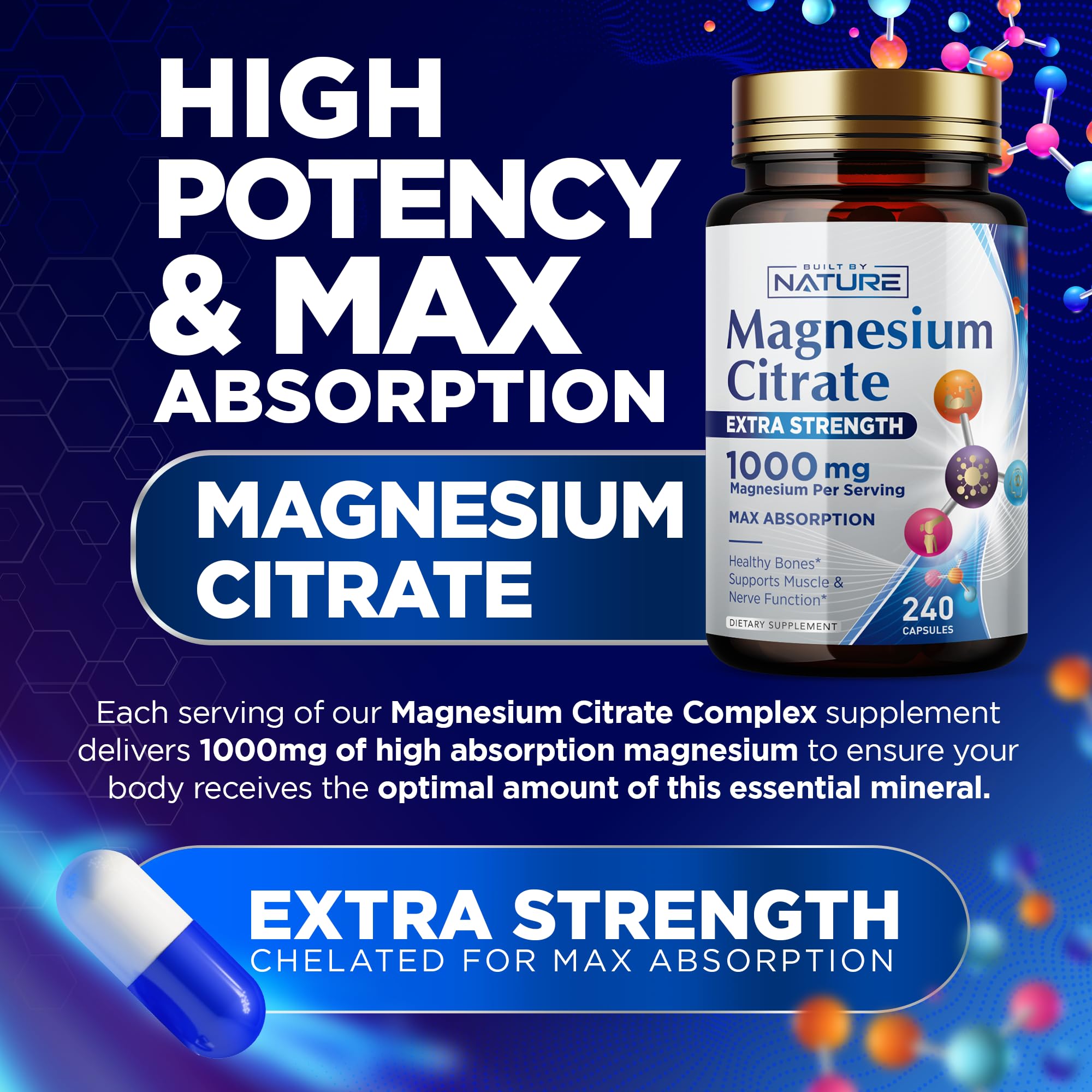 Foto 3 pulgar | Suplemento Citrato de Magnesio Built By Nature 1000 Mg 240 Cápsulas - Venta Internacional