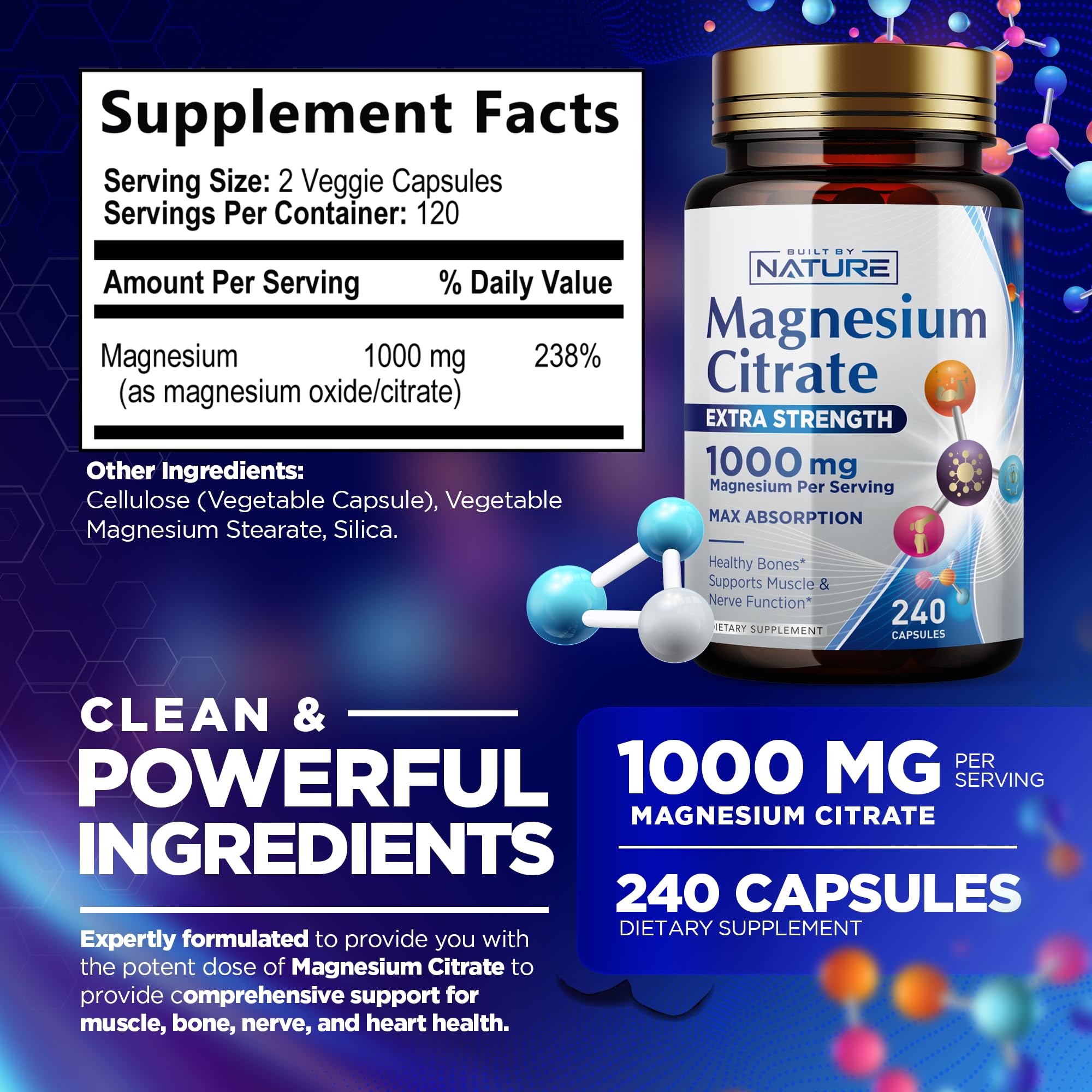 Foto 7 pulgar | Suplemento Citrato de Magnesio Built By Nature 1000 Mg 240 Cápsulas - Venta Internacional