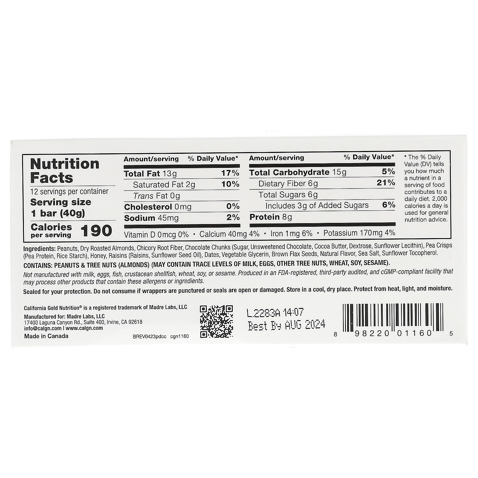 Foto 3 pulgar | Snack Bar California Gold Nutrition Con Cacahuete Y Chocolate Negro - Venta Internacional.