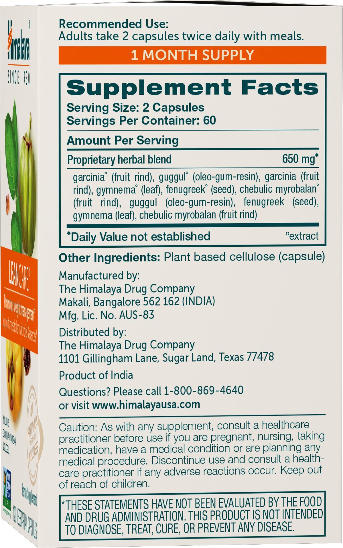 Foto 3 pulgar | Suplemento Himalaya Leancare Weight Support 600 Mg 120 Cápsulas - Venta Internacional.