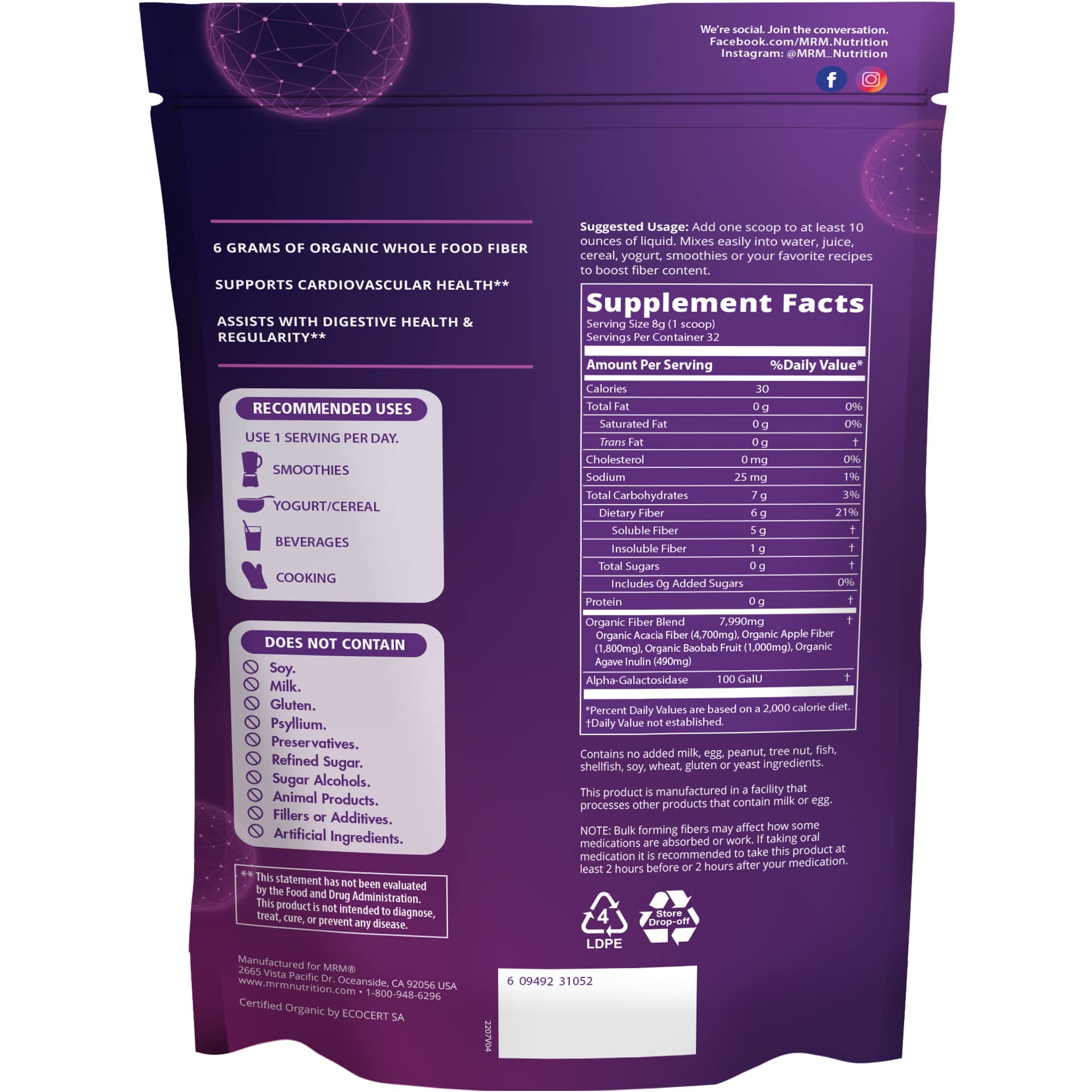 Foto 3 pulgar | Suplemento Mrm Nutrition Whole Food Organic Fiber 32 Porciones - Venta Internacional.