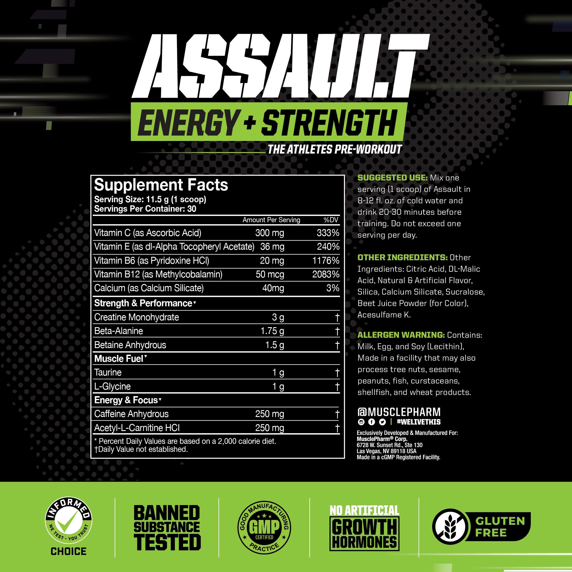 Foto 3 pulgar | Polvo Para Antes Del Entrenamiento Muscle Pharm Assault, 30 Porciones - Venta Internacional.