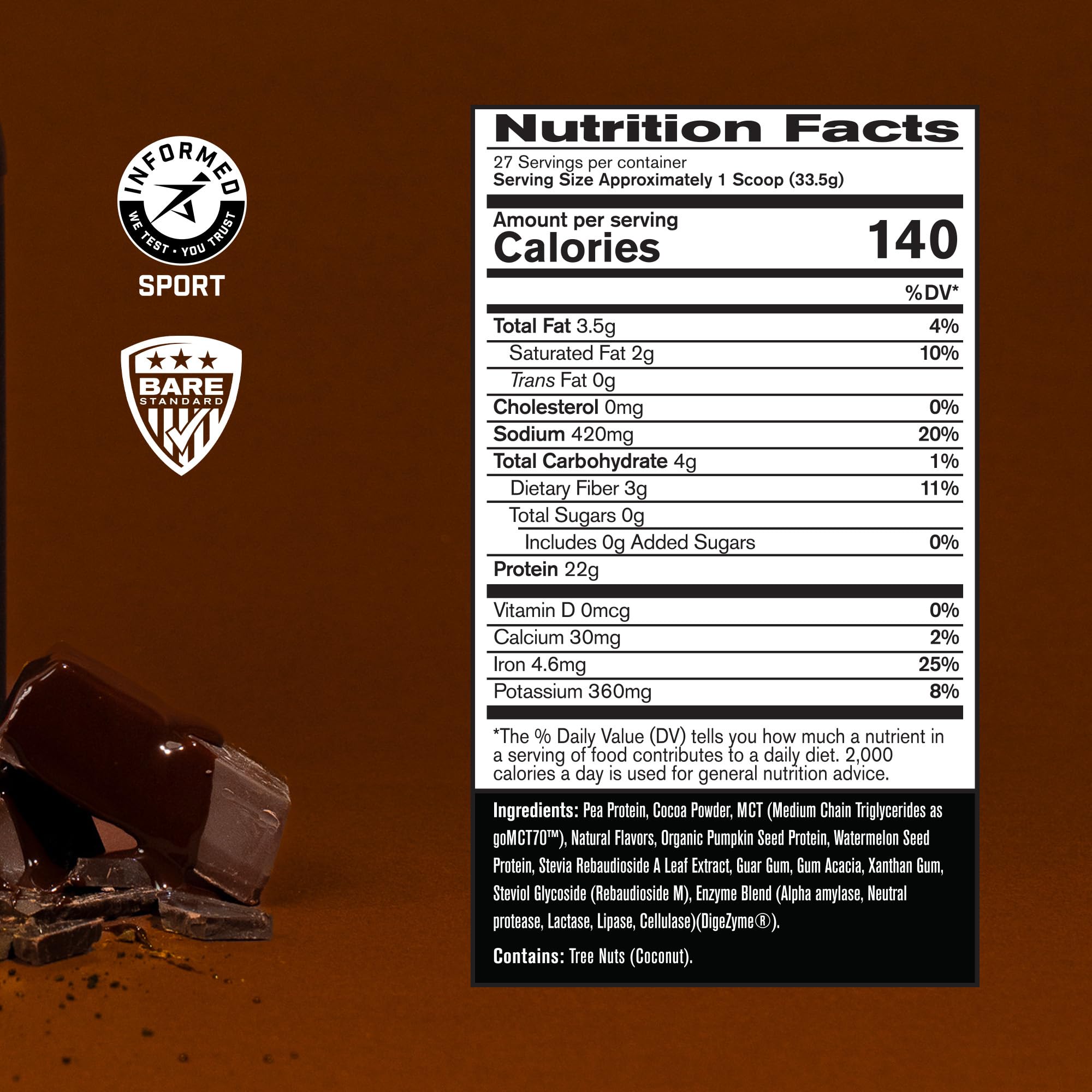 Foto 3 pulgar | Proteína Vegana En Polvo Bare Performance Nutrition Chocolate 27 Porciones - Venta Internacional.