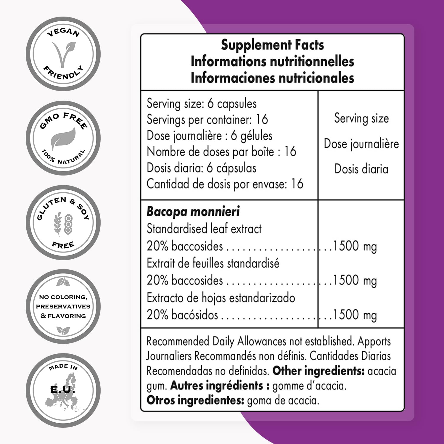 Foto 4 pulgar | Suplemento Nootrópico Supersmart Bacopa Monnieri 1500 Mg - Venta Internacional.