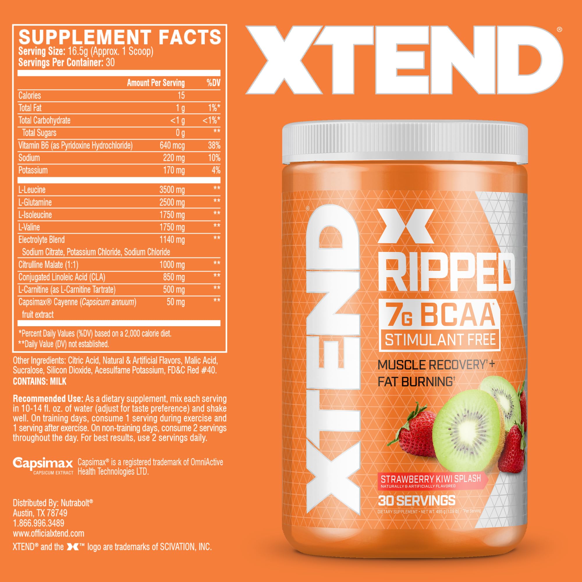 Foto 3 pulgar | Suplemento Xtend Ripped Bcaa En Polvo, Fresa Y Kiwi, 210 G - Venta Internacional.