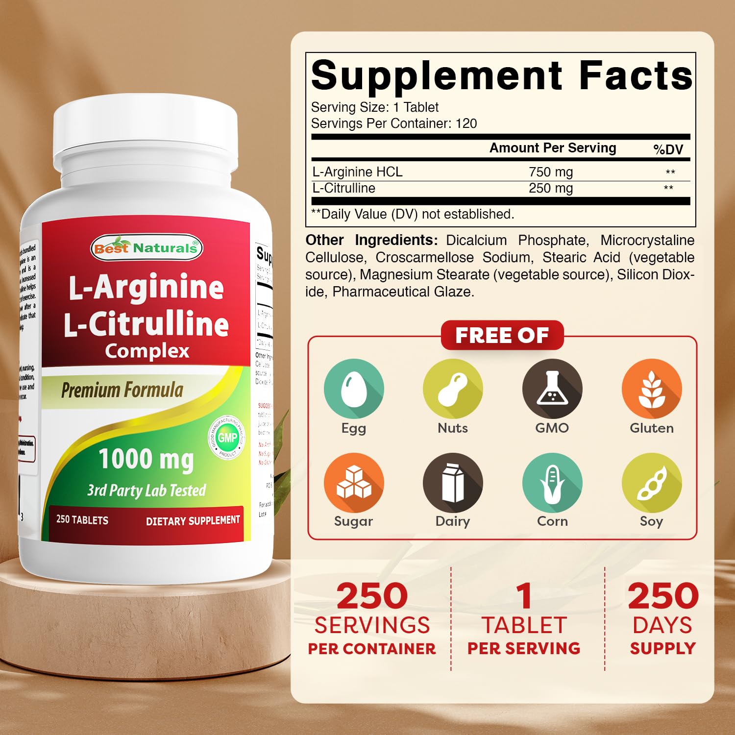 Foto 3 pulgar | Suplemento Best Naturals L-arginina L-citrulina 250 Comprimidos - Venta Internacional.