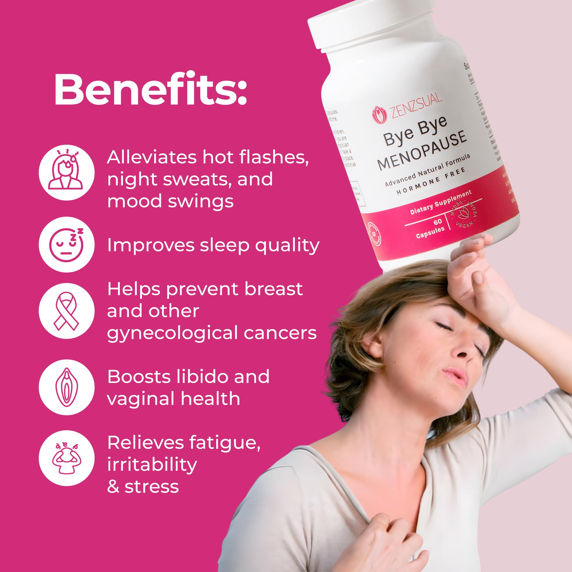 Foto 4 | Suplemento Zenzsual Bye Bye Menopause 60 Cápsulas Para Mujeres - Venta Internacional.