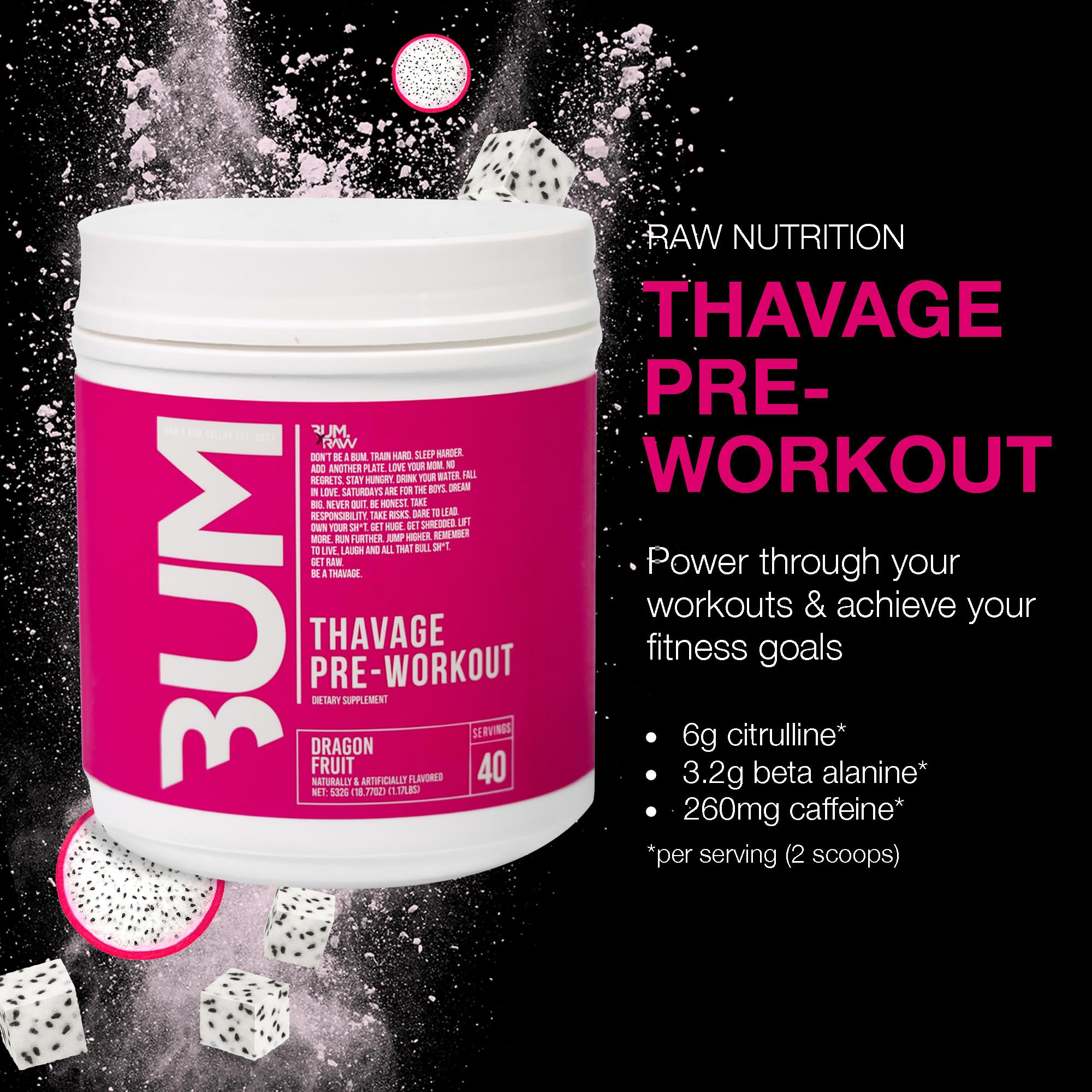 Foto 3 pulgar | Preworkout Powder Raw Thavage Dragon Fruit, 40 Porciones - Venta Internacional.