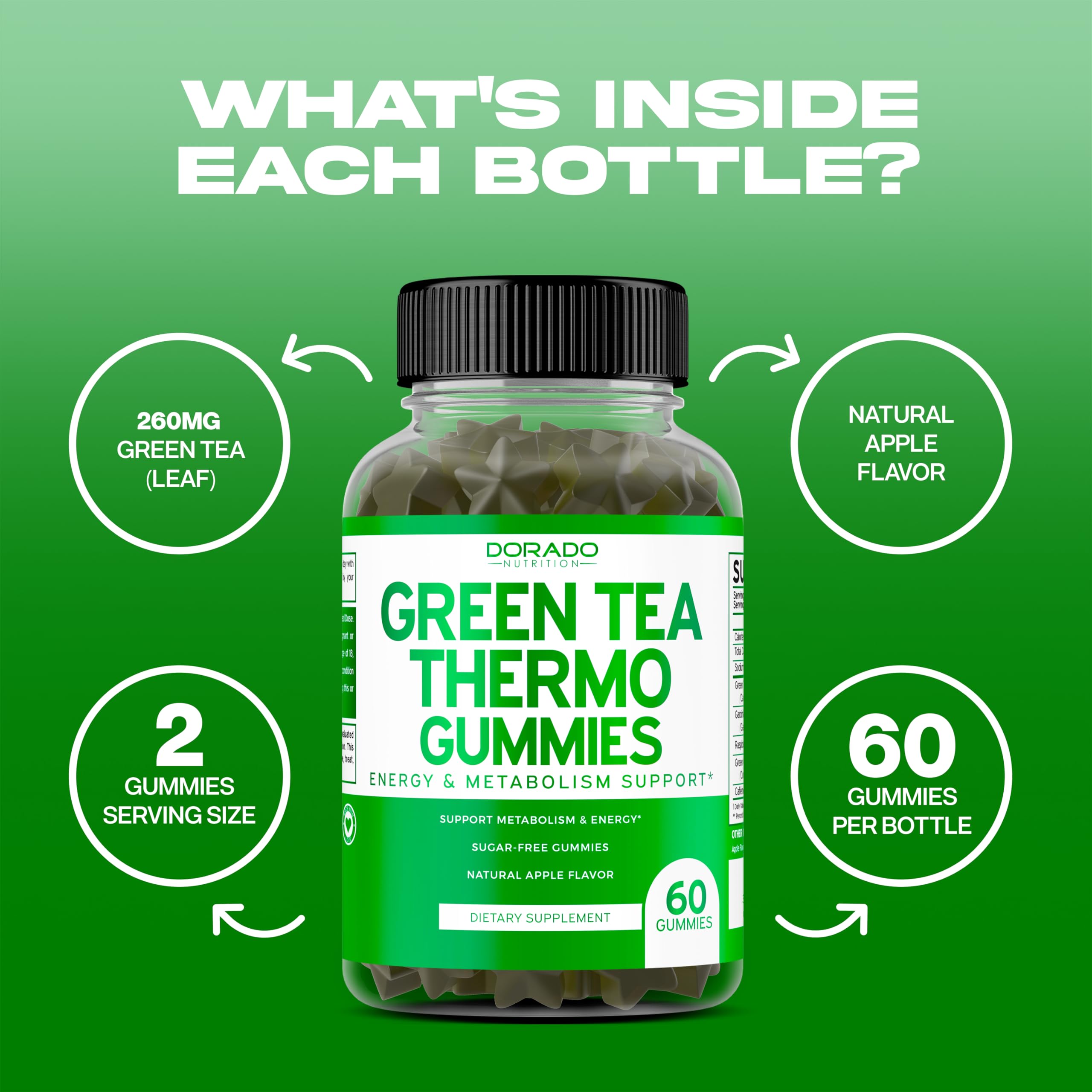 Foto 4 | Gomitas Quemadoras De Grasa Con Té Verde Supplement Dorado Nutrition, 60 Unidades - Venta Internacional.