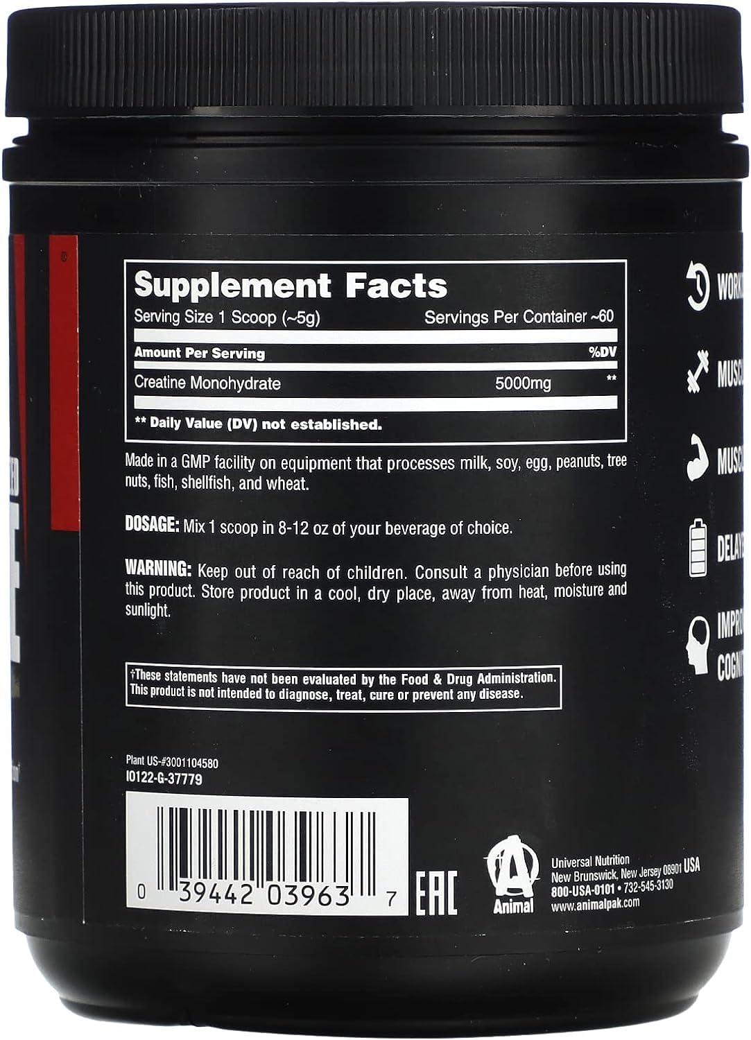 Foto 4 pulgar | Suplemento De Monohidrato De Creatina Micronizado Animal 300 G - Venta Internacional.