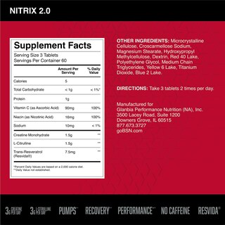 Foto 2 | Suplemento Bsn Nitrix 2.0 Precursores De Óxido Nítrico 180 Comprimidos - Venta Internacional.