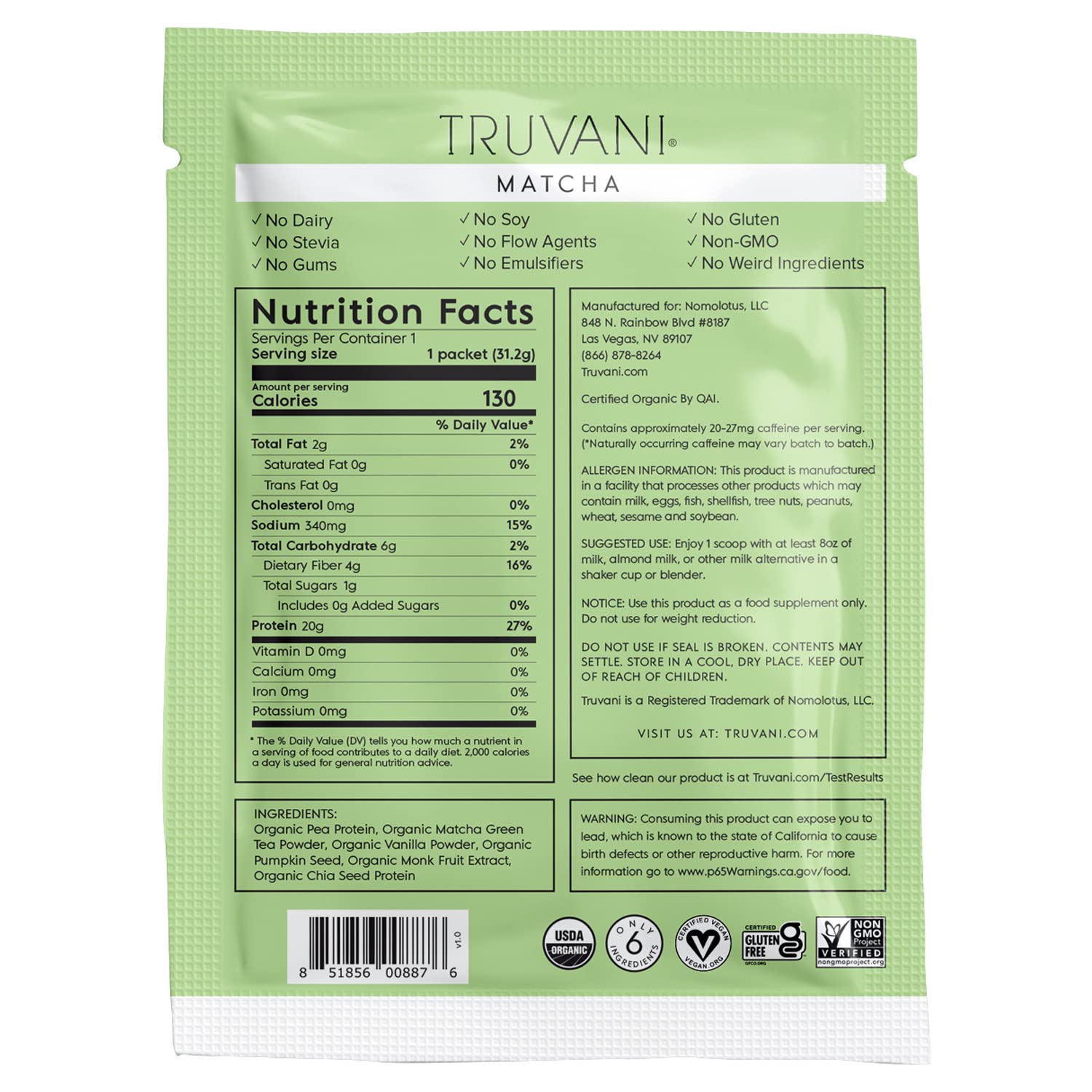 Foto 3 pulgar | Proteína En Polvo Truvani Vegan Pea Matcha, 20 G, Orgánica, 1 Porción - Venta Internacional.