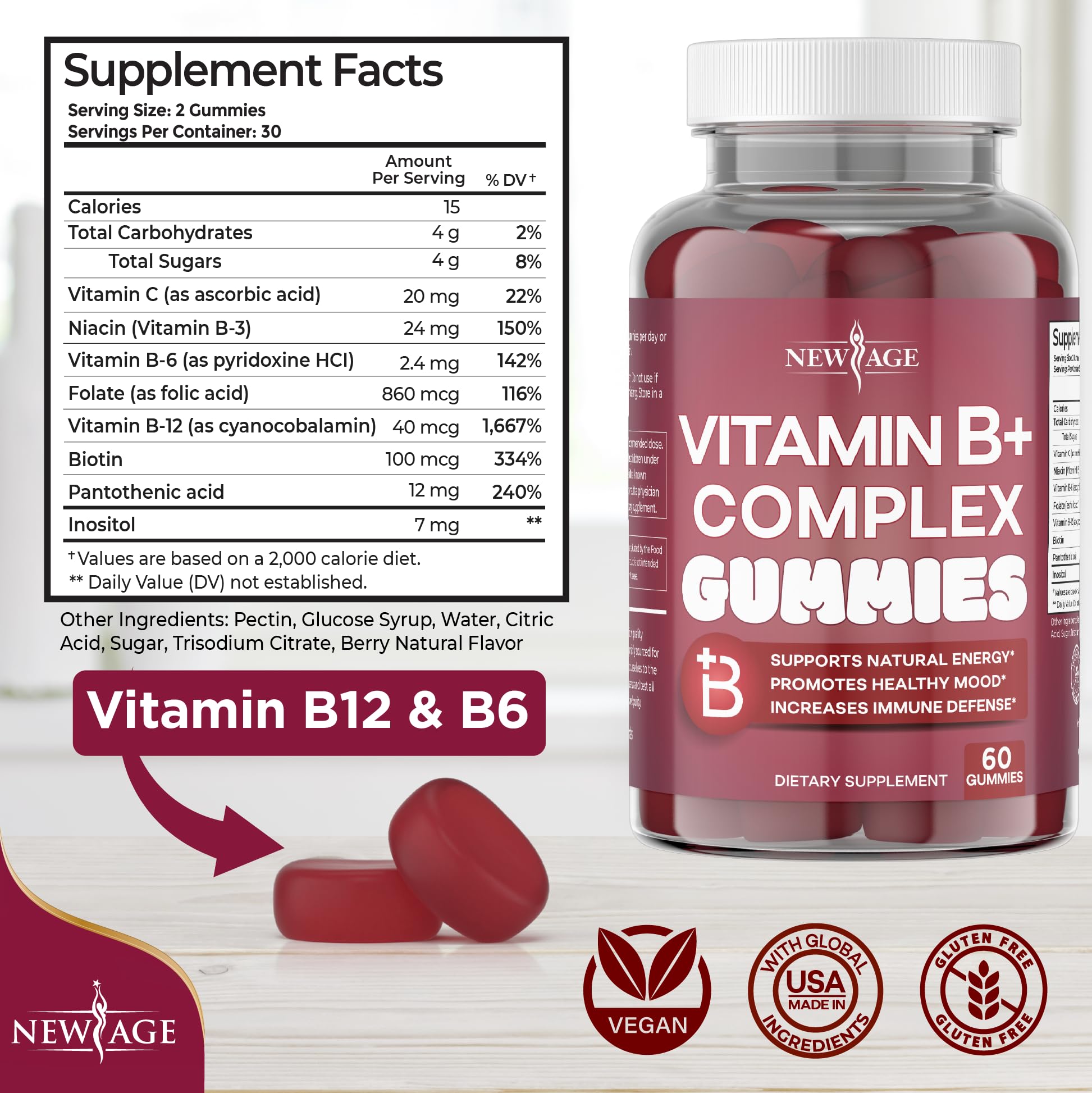 Foto 3 pulgar | Gomitas Con Complejo De Vitamina B New Age Con B3, B5, B6, B7, B9 Y B12 - Venta Internacional.