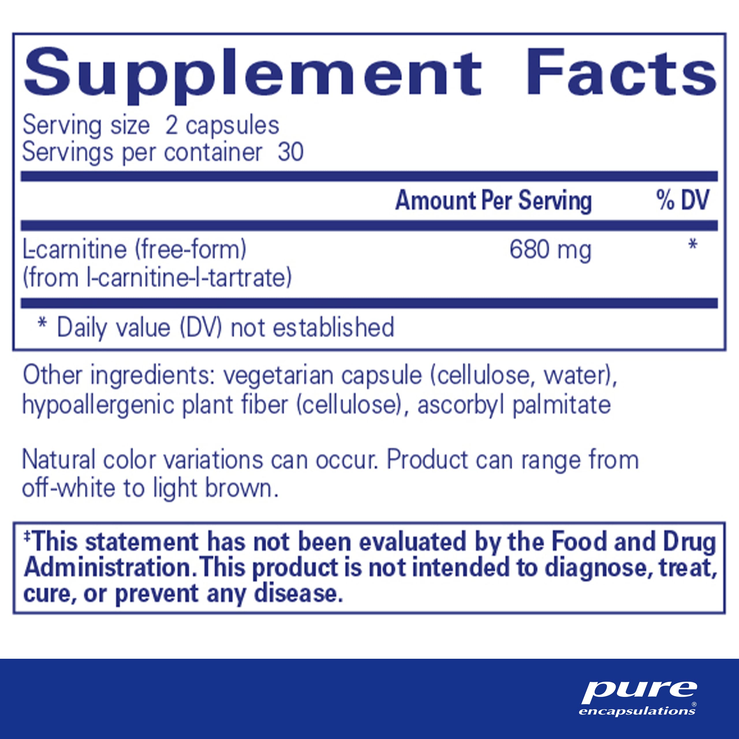 Foto 3 pulgar | Suplemento Pure Encapsulations L-carnitina 60 Cápsulas - Venta Internacional.
