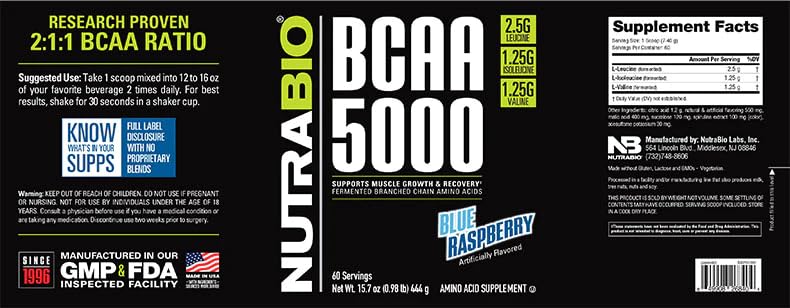 Foto 3 pulgar | Suplemento NutraBio BCAA 5000 Powder Blue Frambuesa 60 Servicios - Venta Internacional