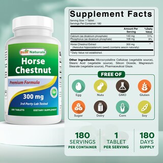 Foto 2 | Extracto De Castaño De Indias Supplement Best Naturals 300 Mg 180 Comprimidos - Venta Internacional.