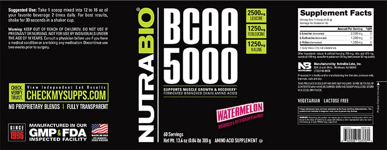Foto 4 pulgar | BCAA en Polvo NutraBio BCAA 5000 Sabor Sandía 60 Porciones - Venta Internacional