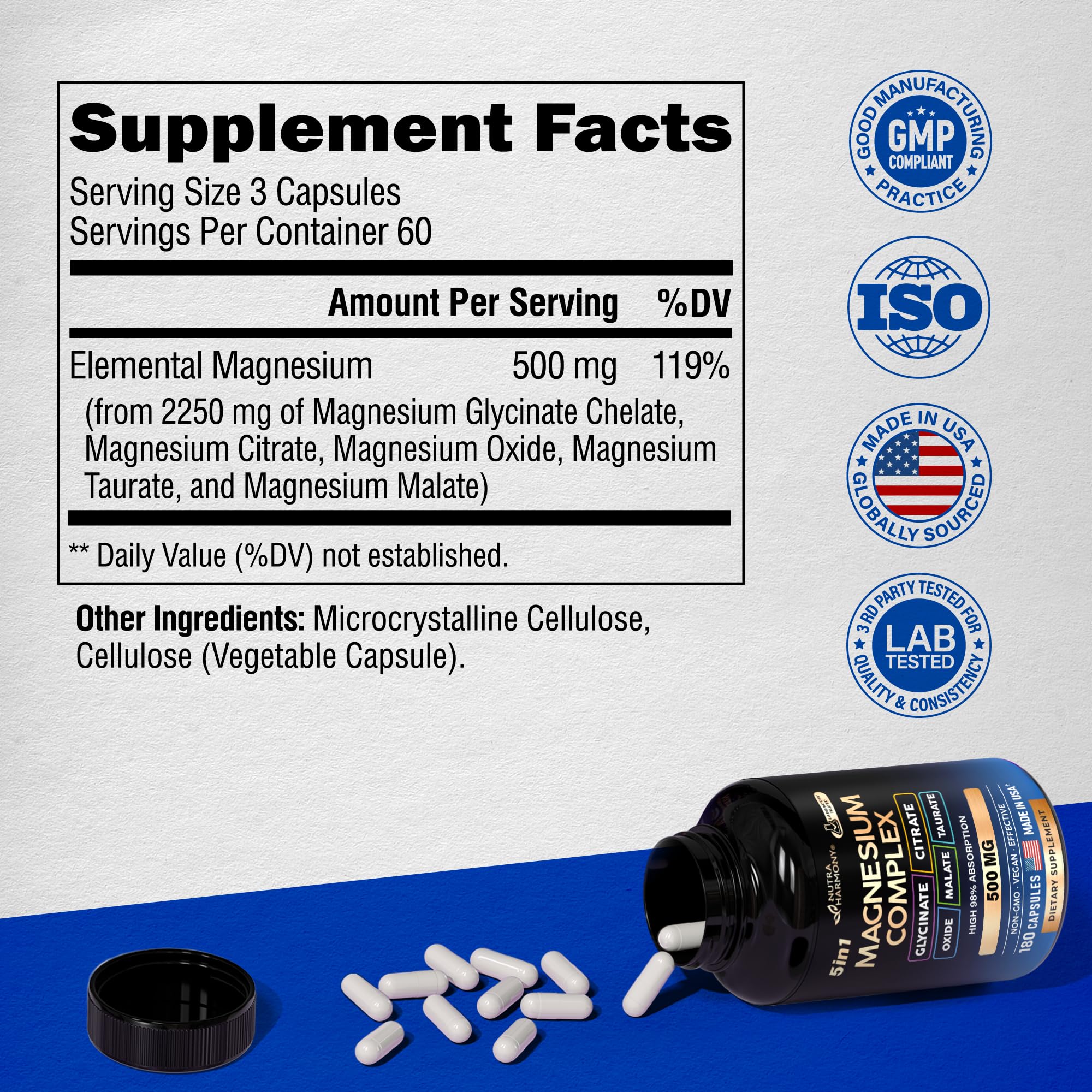 Foto 3 pulgar | Suplemento De Magnesio Nutraharmony, Complejo 5 En 1, 500 Mg, 180 Cápsulas - Venta Internacional.