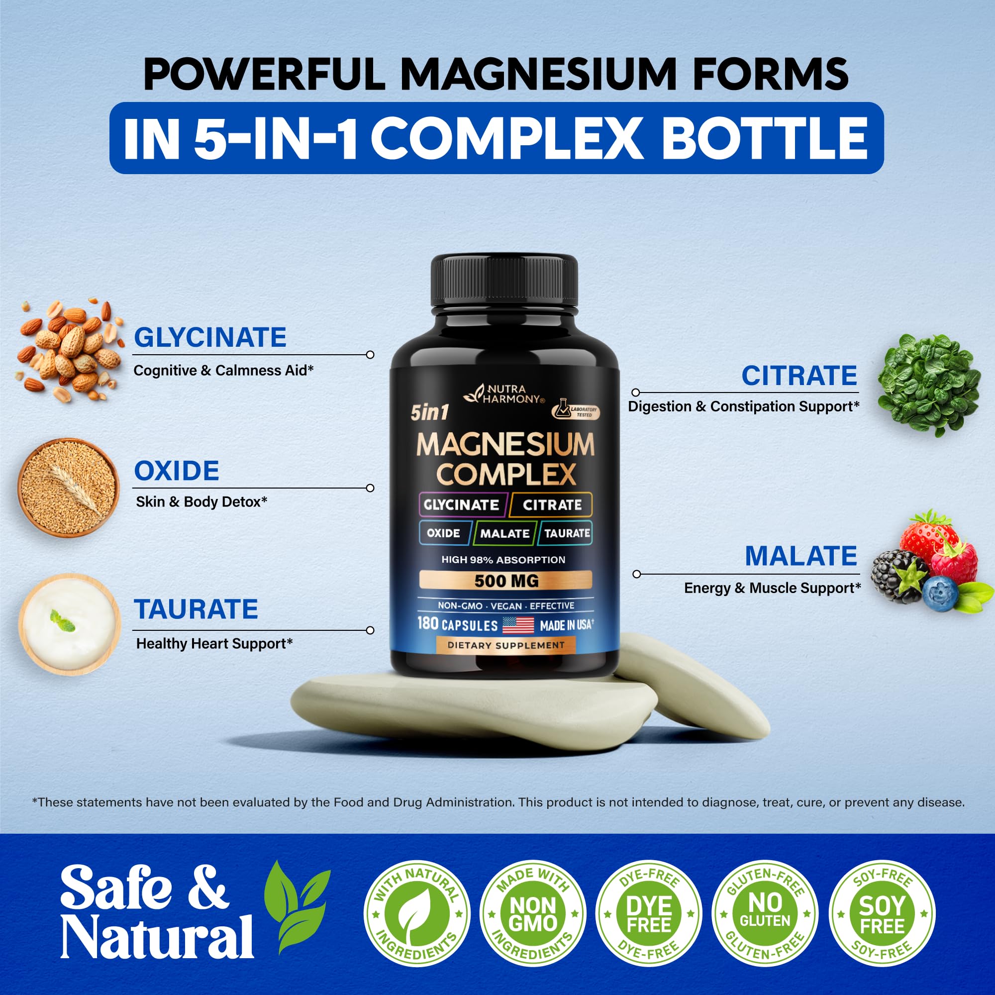 Foto 4 pulgar | Suplemento De Magnesio Nutraharmony, Complejo 5 En 1, 500 Mg, 180 Cápsulas - Venta Internacional.