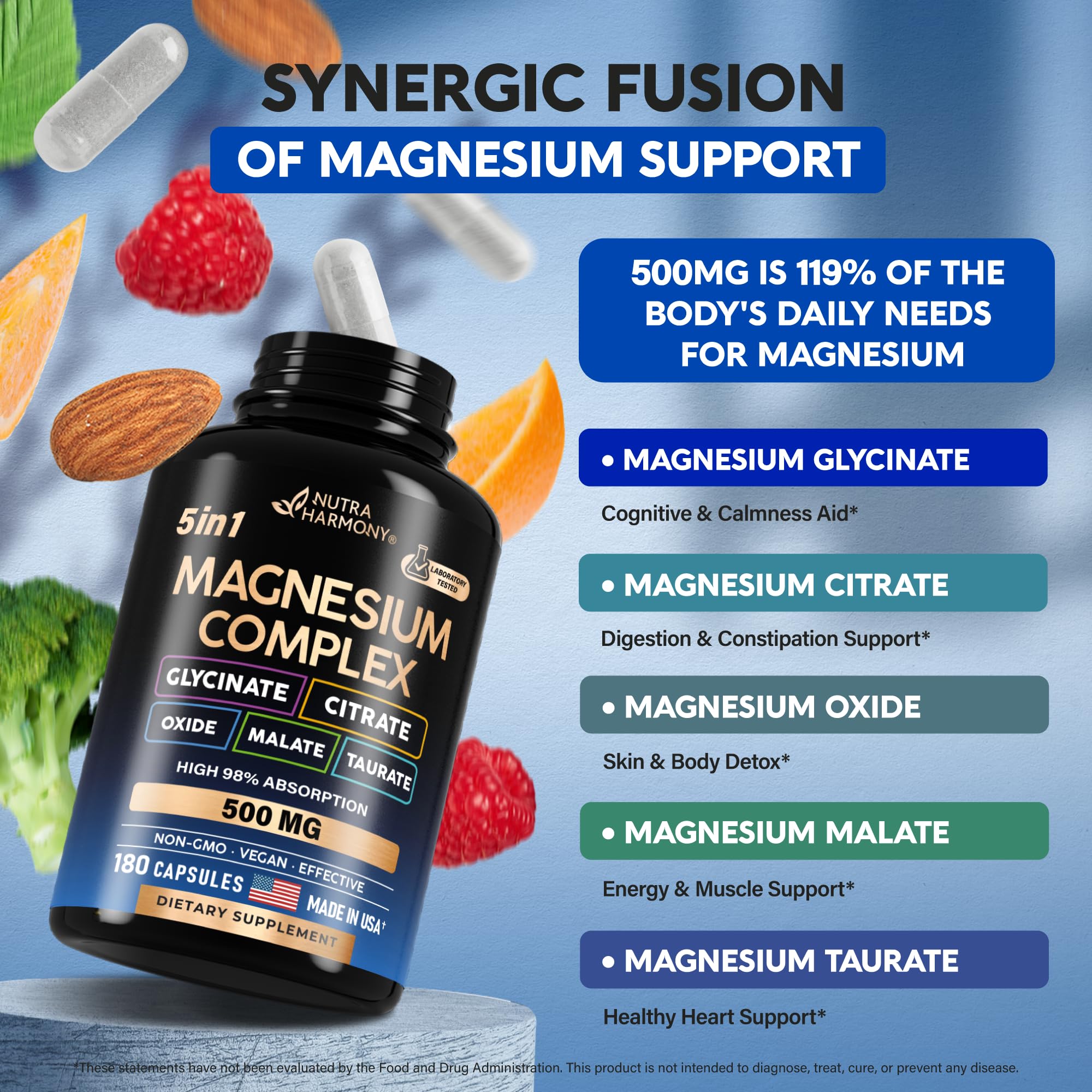 Foto 5 pulgar | Suplemento De Magnesio Nutraharmony, Complejo 5 En 1, 500 Mg, 180 Cápsulas - Venta Internacional.