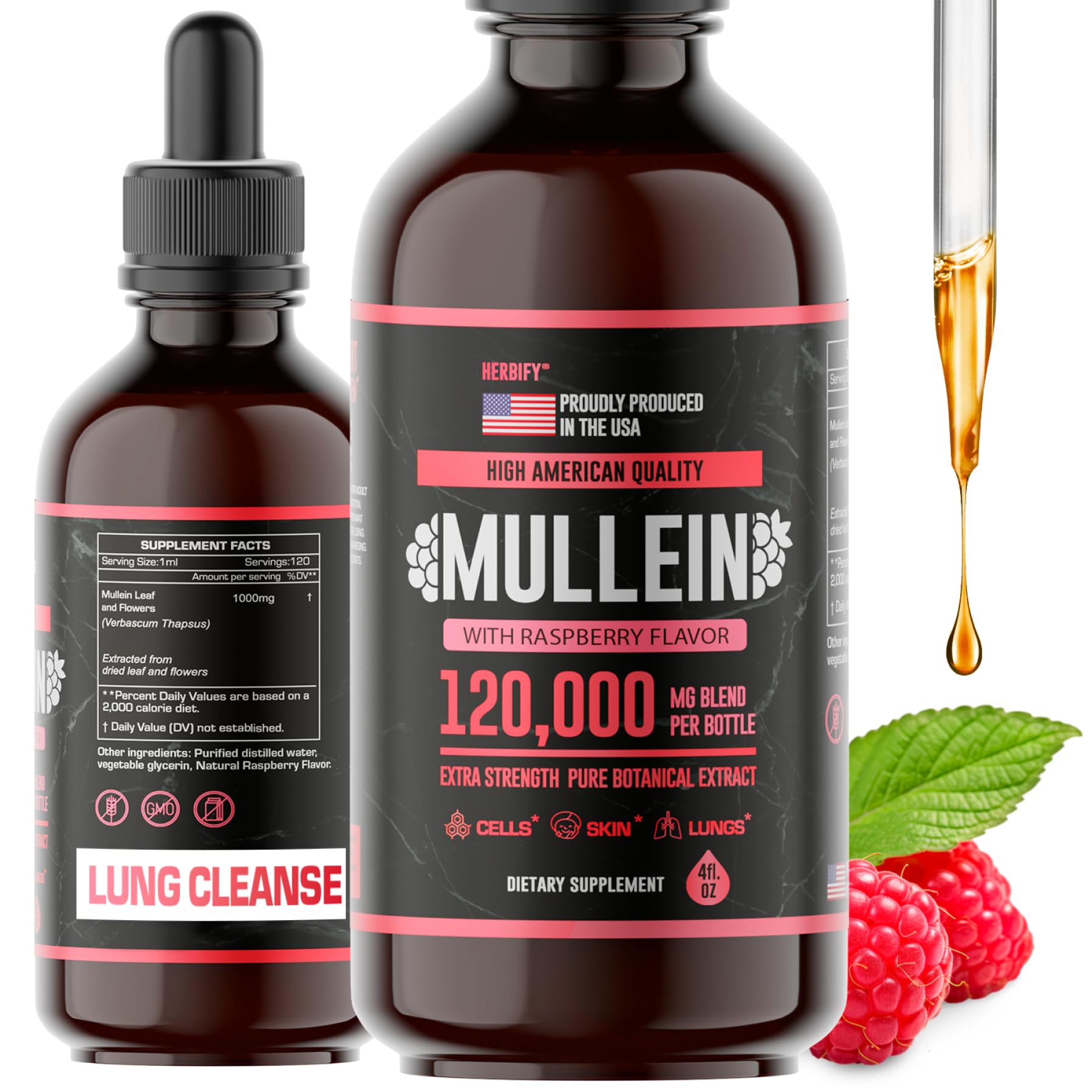 Foto 2 pulgar | Suplemento Herbify Mullein Drops Lung Cleanse, 120 Ml, Frambuesa - Venta Internacional.