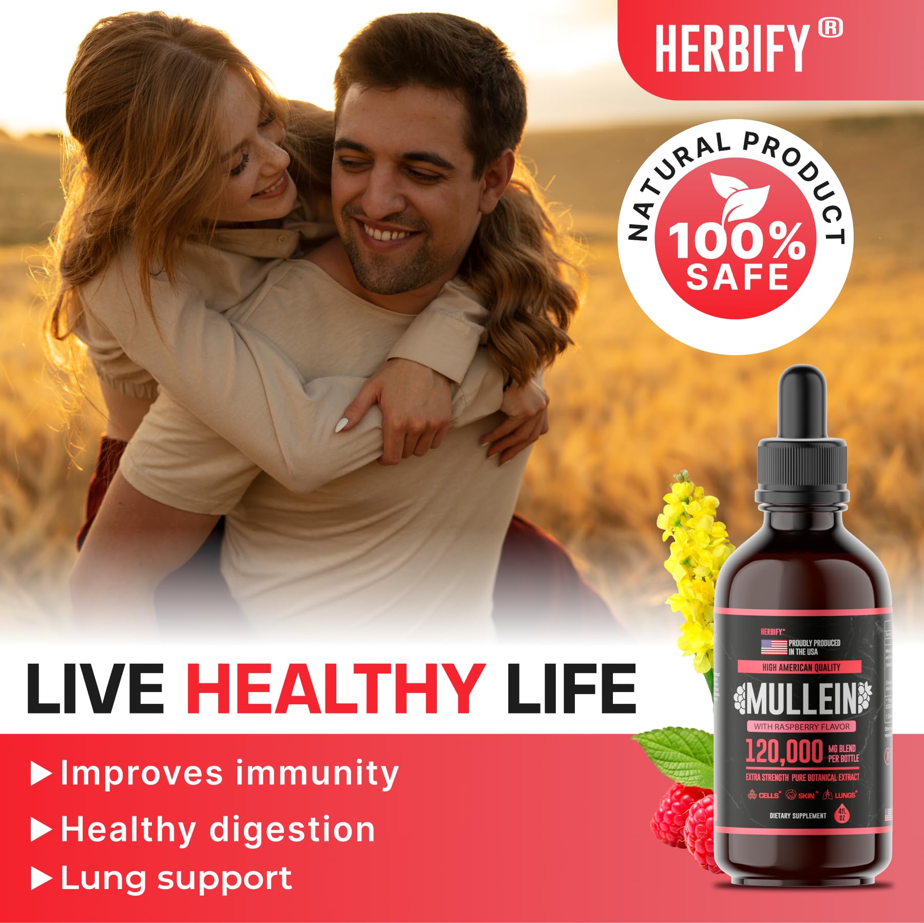 Foto 5 pulgar | Suplemento Herbify Mullein Drops Lung Cleanse, 120 Ml, Frambuesa - Venta Internacional.