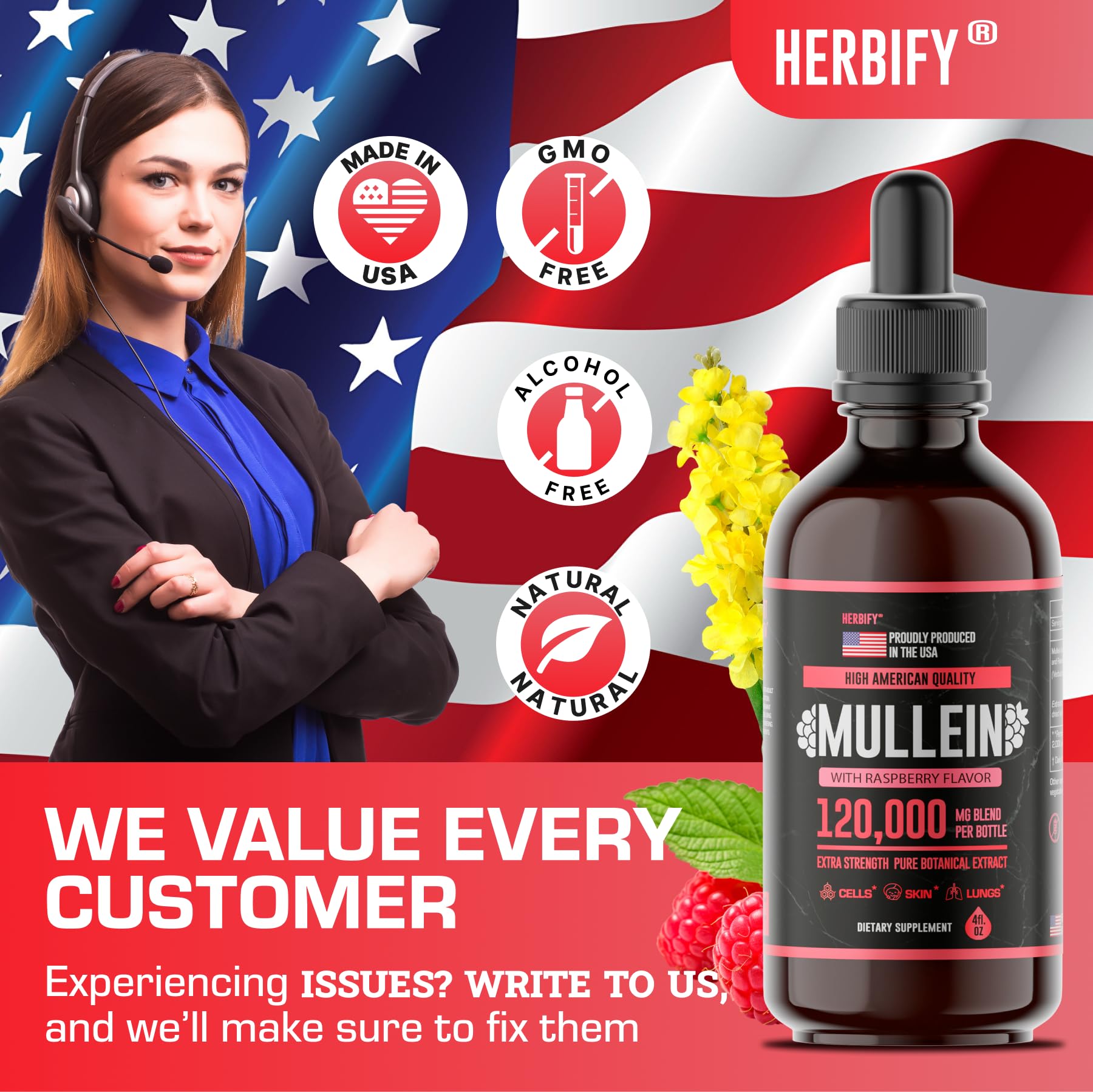 Foto 7 pulgar | Suplemento Herbify Mullein Drops Lung Cleanse, 120 Ml, Frambuesa - Venta Internacional.