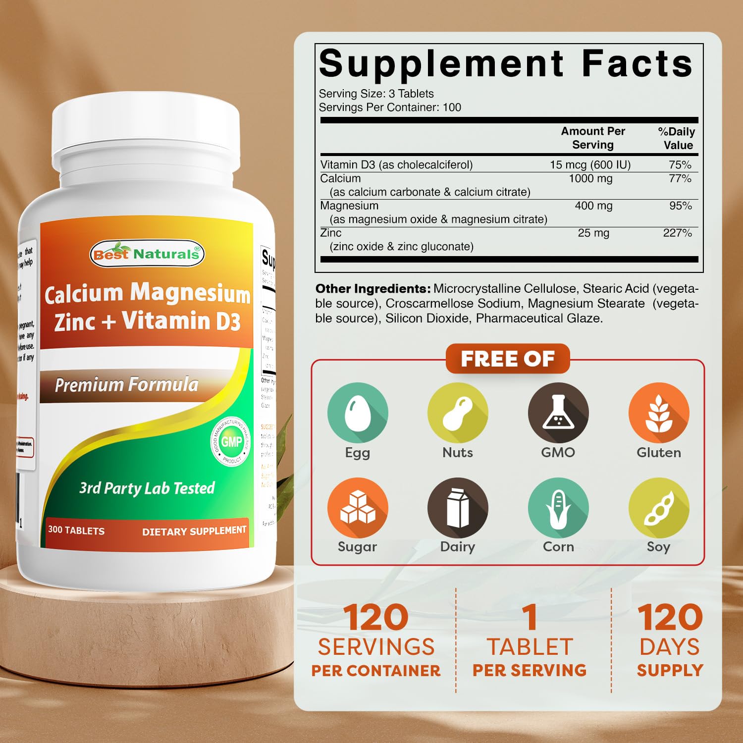 Foto 2 | Complementa El Calcio, Magnesio Y Zinc De Best Naturals Con Vitamina D3 - Venta Internacional.