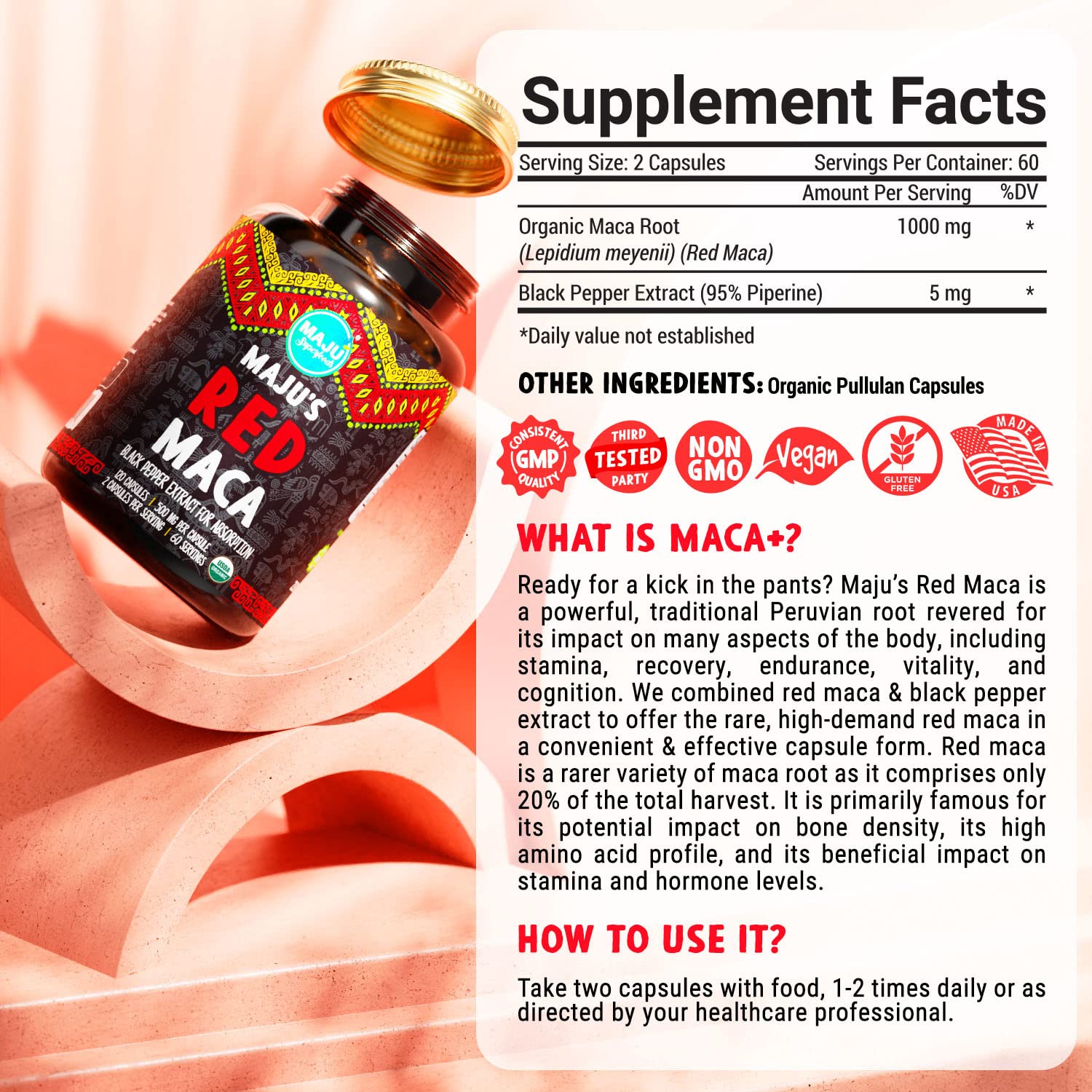 Foto 6 pulgar | Suplemento Maju Organic, Cápsulas De Raíz De Maca Roja, 120 Unidades, Para Mujeres - Venta Internacional.