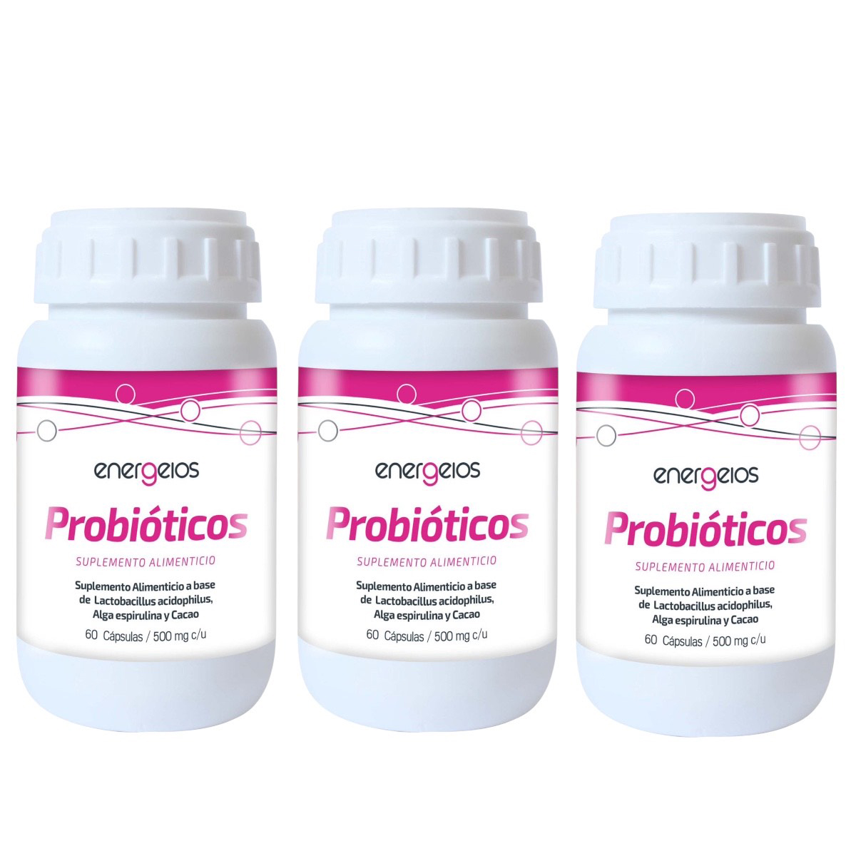 Foto 2 pulgar | Probióticos Espirulina Energeios 3 Frascos de 60 Cápsulas C/U