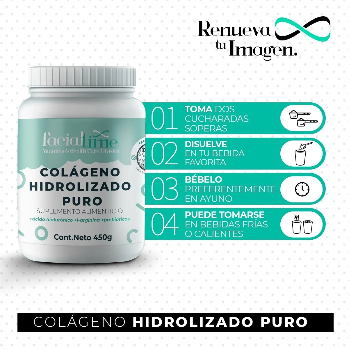 Foto 5 pulgar | Colágeno Hidrolizado Facialtime 2 Botellas de 450 g C/U
