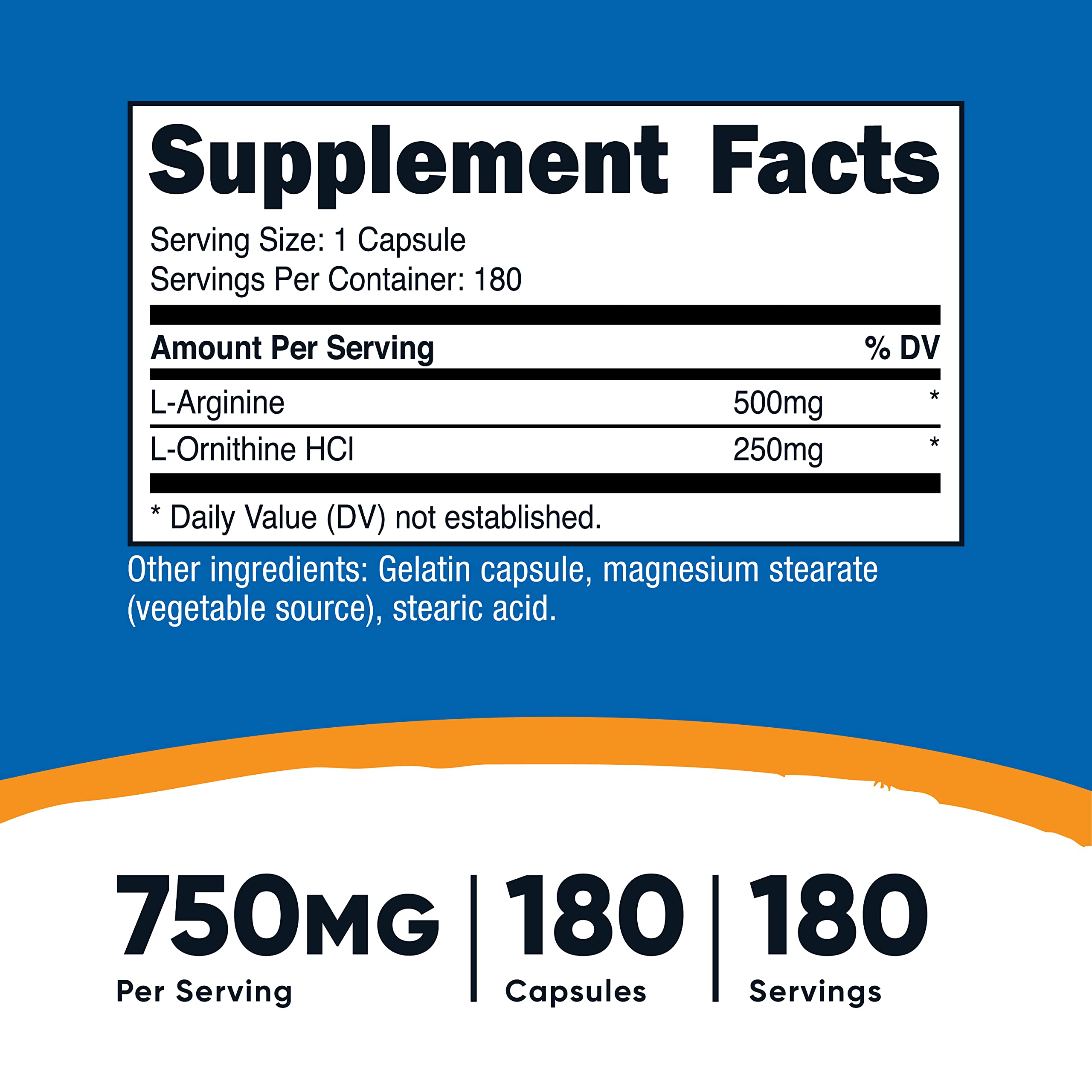 Foto 3 pulgar | Suplemento Nutricost L-arginina L-ornitina 750 Mg 180 Cápsulas - Venta Internacional.