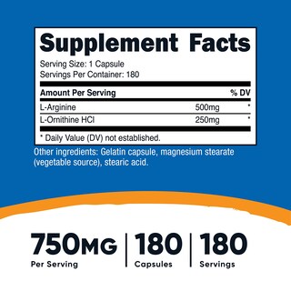 Foto 2 | Suplemento Nutricost L-arginina L-ornitina 750 Mg 180 Cápsulas - Venta Internacional.
