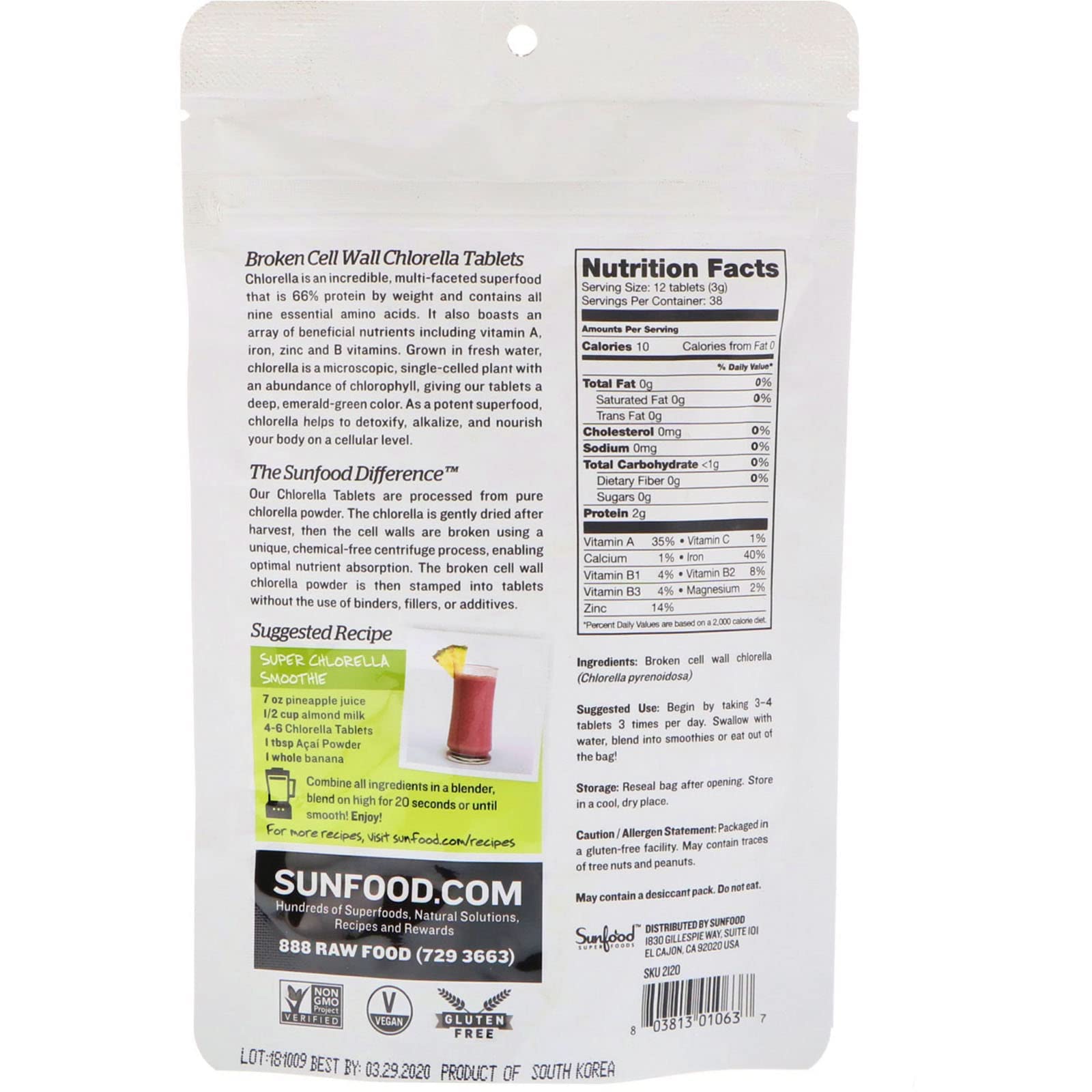 Foto 3 pulgar | Suplementos Sunfood Superfoods, Tabletas De Clorella, 450 X 250 Mg - Venta Internacional.