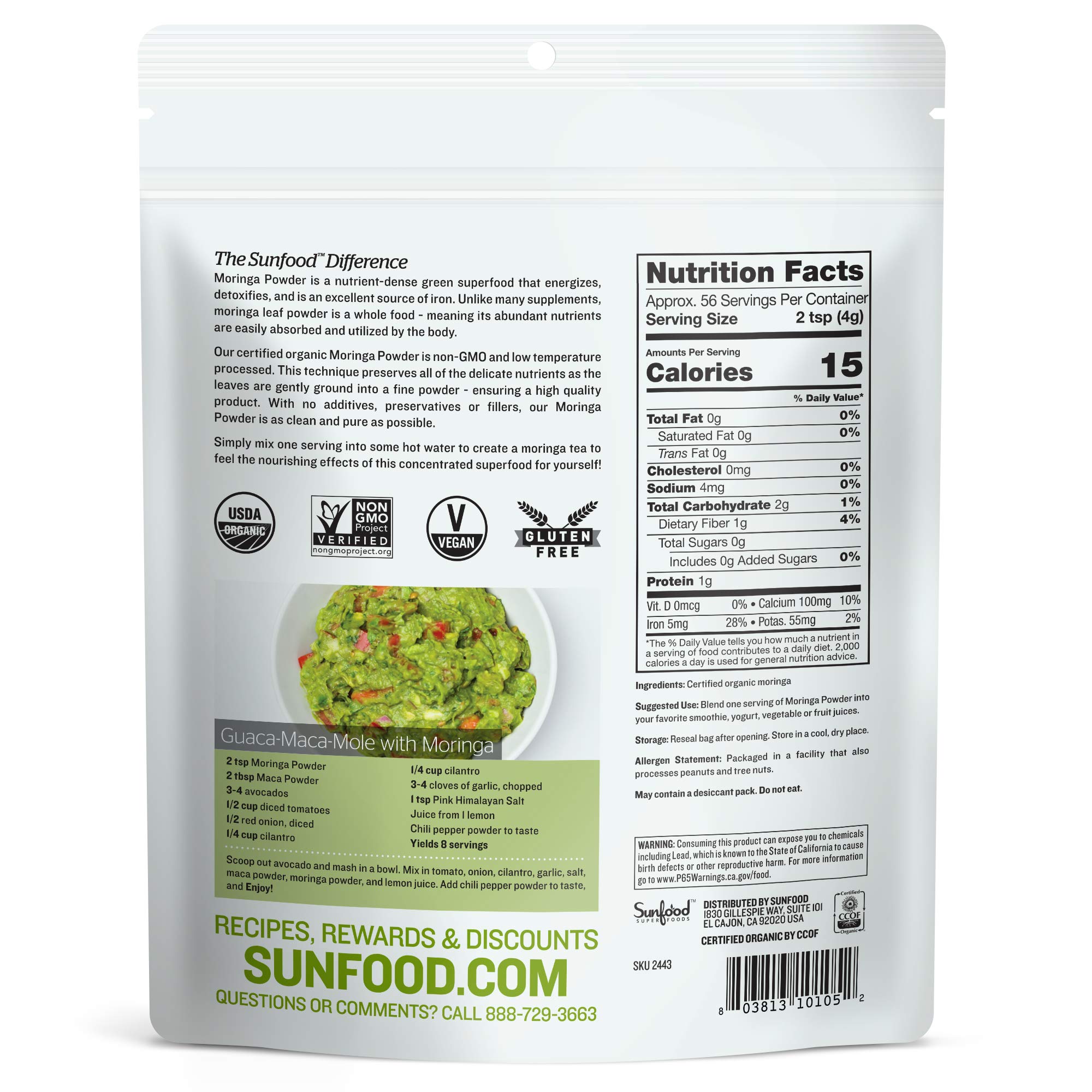 Foto 3 pulgar | Moringa En Polvo Sunfood Organic, Bolsa De 250 Ml Para Cabello Y Pérdida De Peso - Venta Internacional.