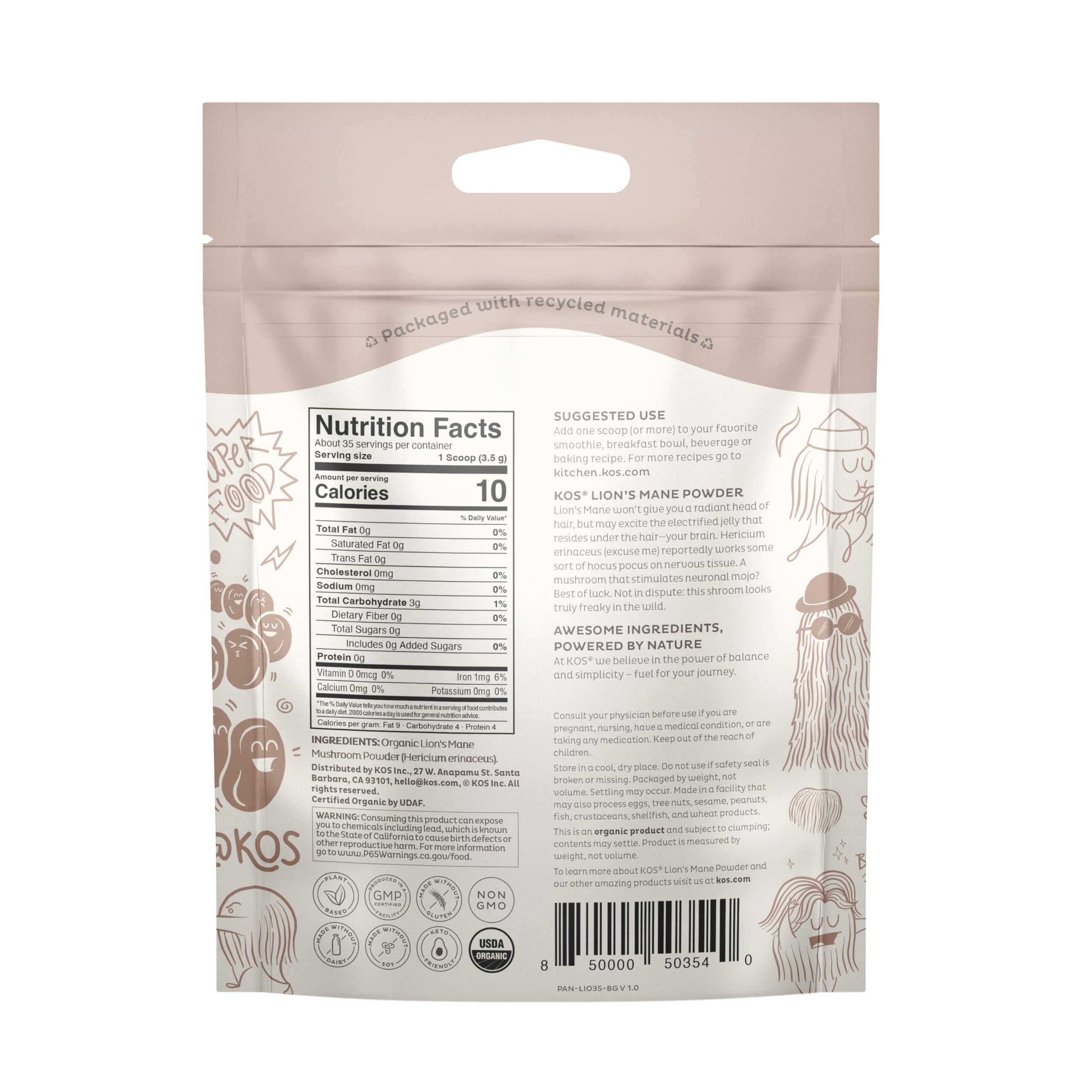 Foto 3 pulgar | Suplemento Kos Organic Lion's Mane Powder, Bolsa De 35 Porciones - Venta Internacional.