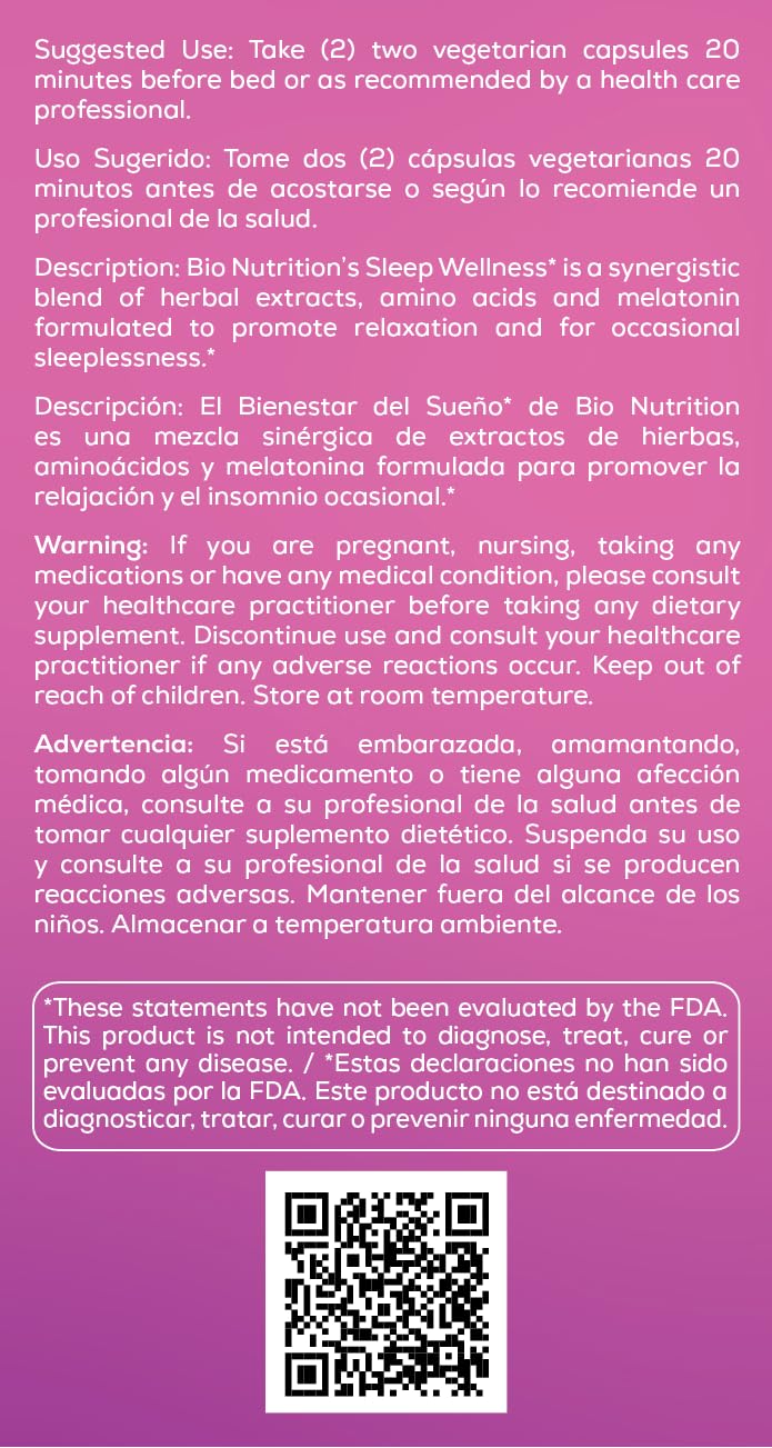 Foto 3 | Suplemento Para Dormir Bio Nutrition Sleep Wellness 60 Cápsulas - Venta Internacional.