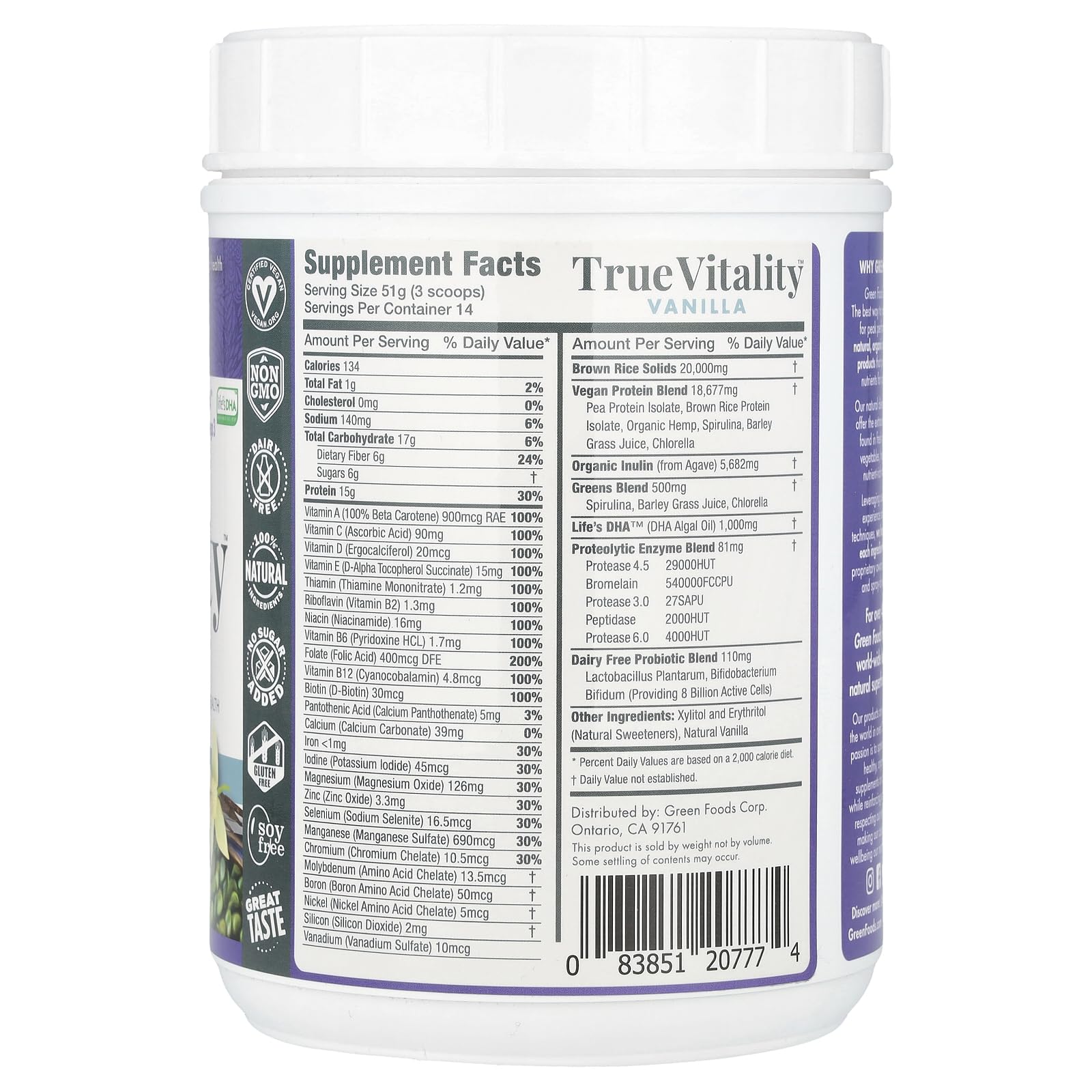 Foto 2 | Batido De Proteínas Vegetales Green Foods True Vitality Vanilla 750 Ml - Venta Internacional.
