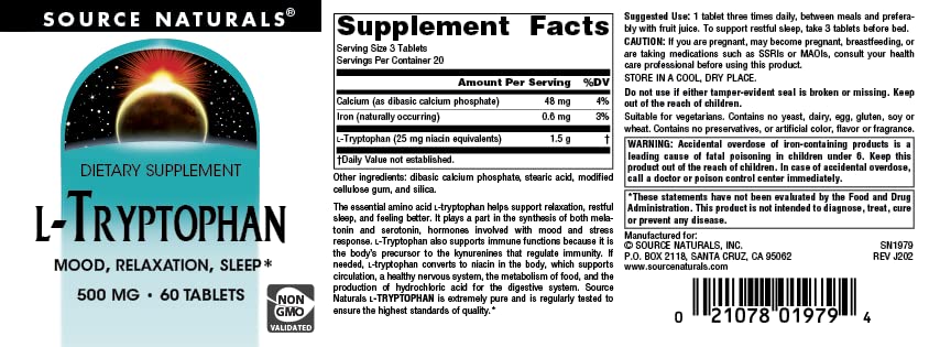 Foto 4 | Suplement Source Naturals L-triptófano 500 Mg - 60 Comprimidos - Venta Internacional.