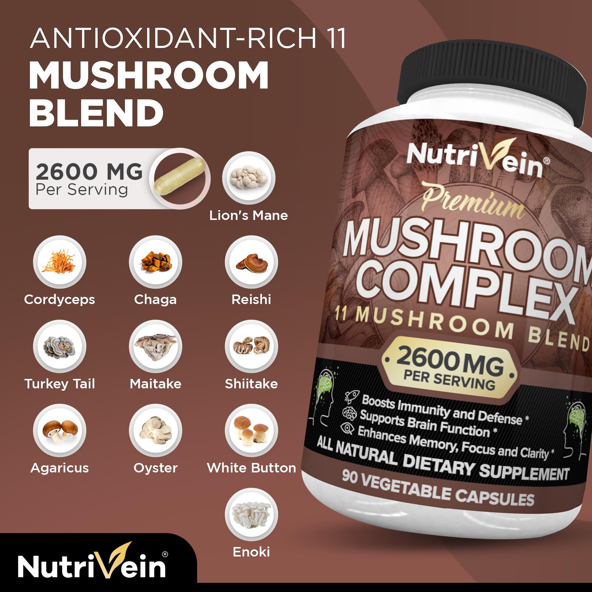 Foto 3 | Suplemento Nutrivein Mushroom 2600 Mg 90 Cápsulas 11 Hongos - Venta Internacional.