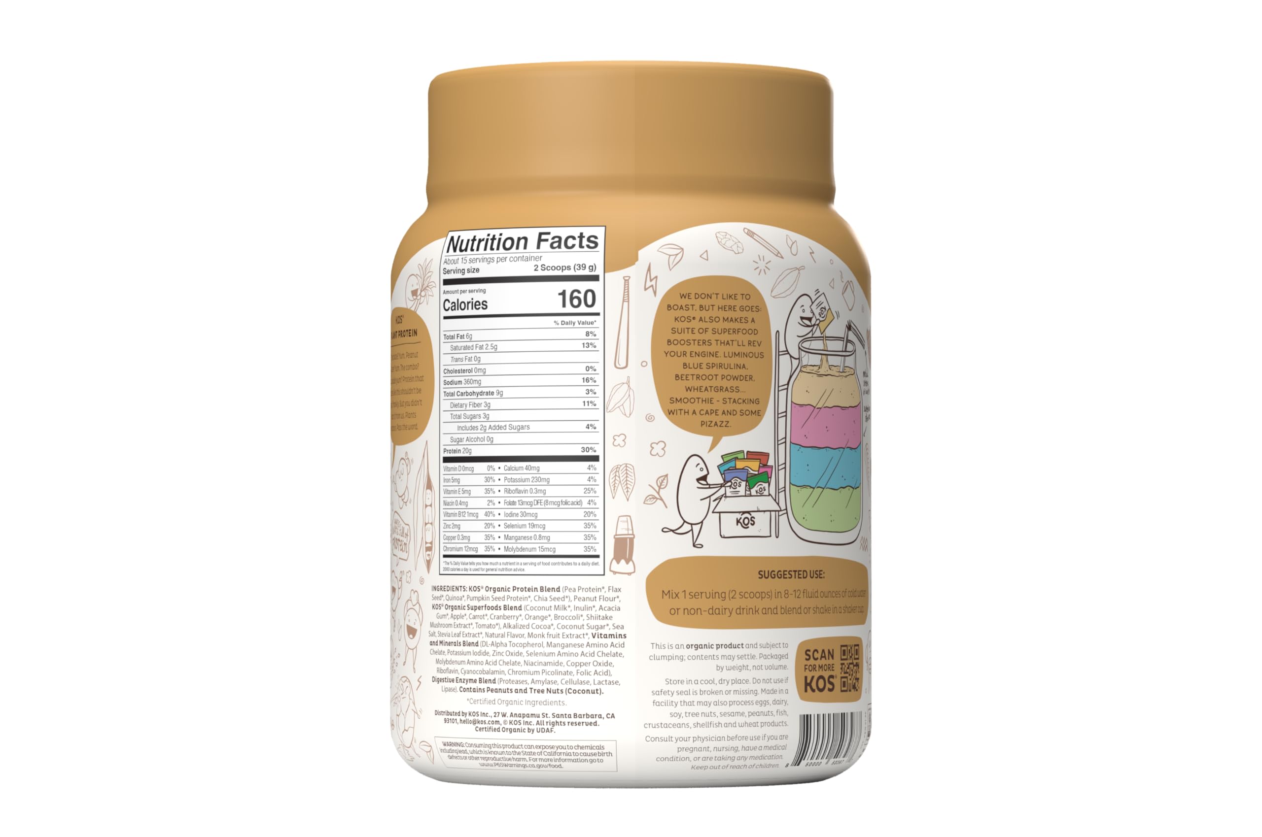 Foto 3 | Crema De Cacahuete Con Chocolate Kos En Polvo A Base De Plantas, 450 G - Venta Internacional.