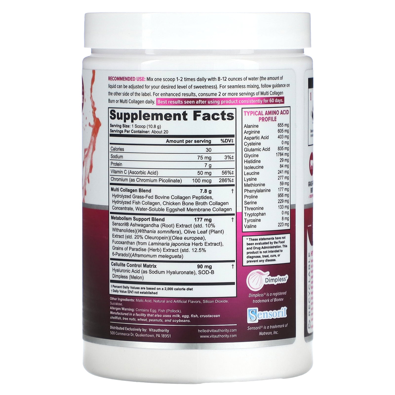 Foto 3 pulgar | Suplemento Vitauthority Multi Collagen Burn 216 G De Fresa - Venta Internacional.