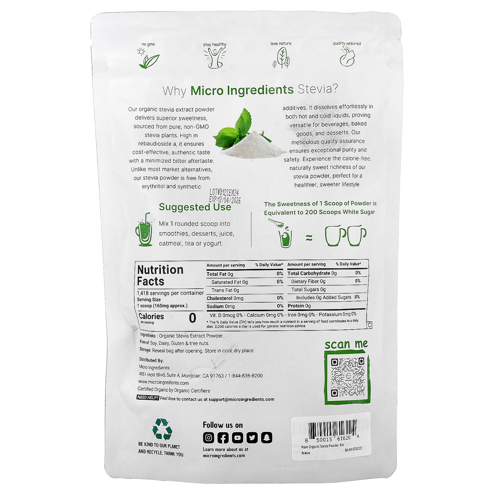 Foto 3 pulgar | Microingredientes Orgánicos De Extracto De Stevia En Polvo, 227 G - Venta Internacional.